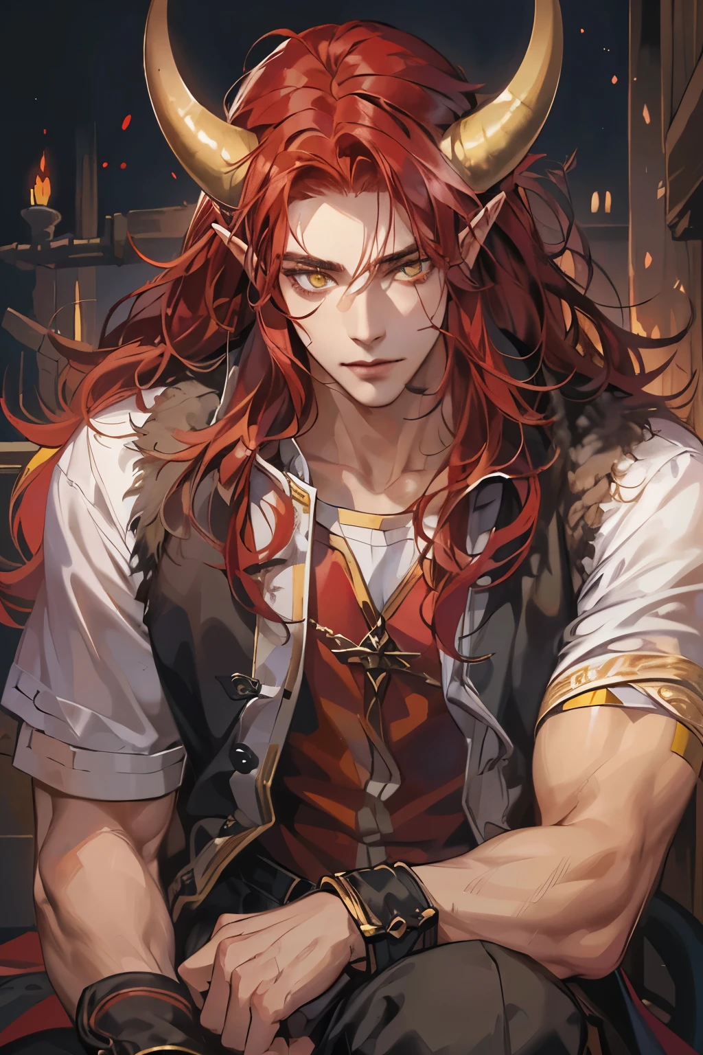 (table top, digital art, digital illustration, 4k, 8k, Super detailed, beautiful images, clear image, realistic, RAW photo, perfect face, perfect lines, perfect eyes, soft lighting) 1 male human, (redhead、long hair、amber eyes,messy hair、bullish look,Smile confidently、devil、It has two black horns on its head...、Pointed elf-like ears、32 years old:1.3),ハンサムなmale性, (White T-shirt with dowel dowel、vest、muscular、Thin macho,solid shoulder width, male:1.2),足を組んでking座に座る、king、Demon king、hair blowing in the wind、Healthy tanned skin、desert oasis、1guy , dark skin,pointy ears, phairs between eyes,ahoge,(stubble:0.5), red hair and horns on his head ,  ((handsome)), ((red long hair),(black cow horns),((yellow eyes)), (sharp years), fur vest,fur_trim,white T-shirts,burgundy cargo pants, solo focus, wry smile,