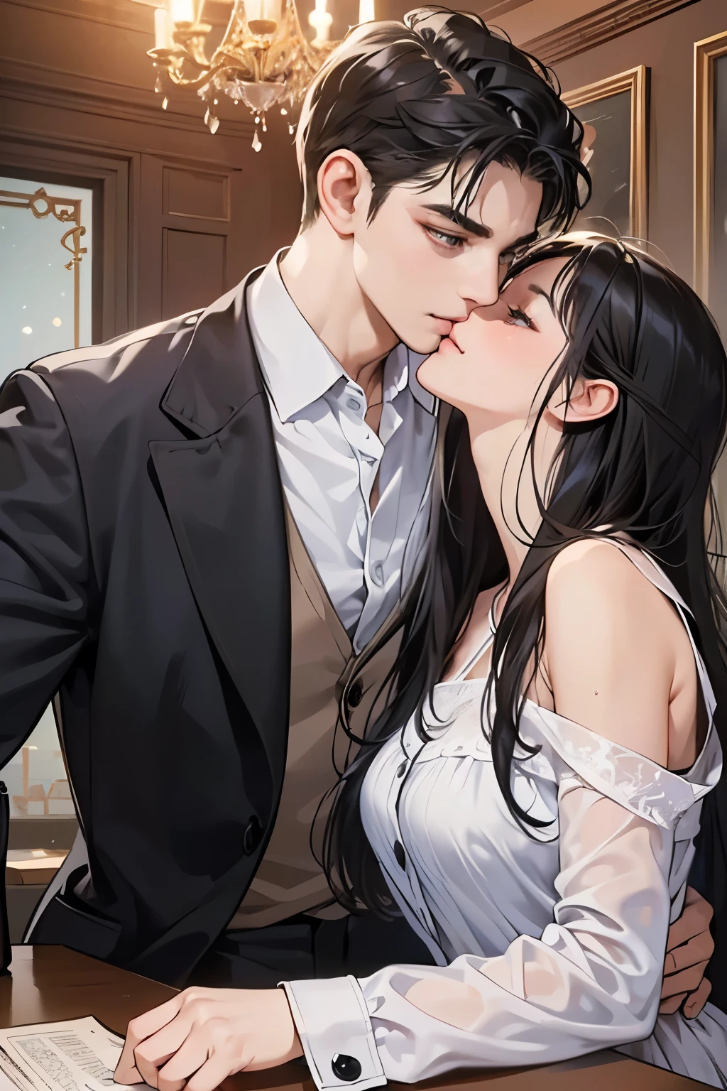 (table top, digital art, digital illustration, 4k, 8k, Super detailed, beautiful images, clear image, realistic, RAW photo, perfect face, perfect lines, perfect eyes, soft lighting) 1 female, (long black hair,straight hair,bullish look,Beautiful woman,woman in suit,Make up well,23 is a novel,:1.3),secretary, Two handsome men in suits, (human,man in suit,muscular,solid shoulder width, human,boyish hairstyle,English gentleman'Style,A man in his 30s with a cool expression,28 year old man with a bright smile:1.2),night office scene,antique furniture,antique clamp,antique chair,chandelier,party、couple、couple kissing、kiss、the kiss、romance、kiss、fight、睨み合う男女couple、