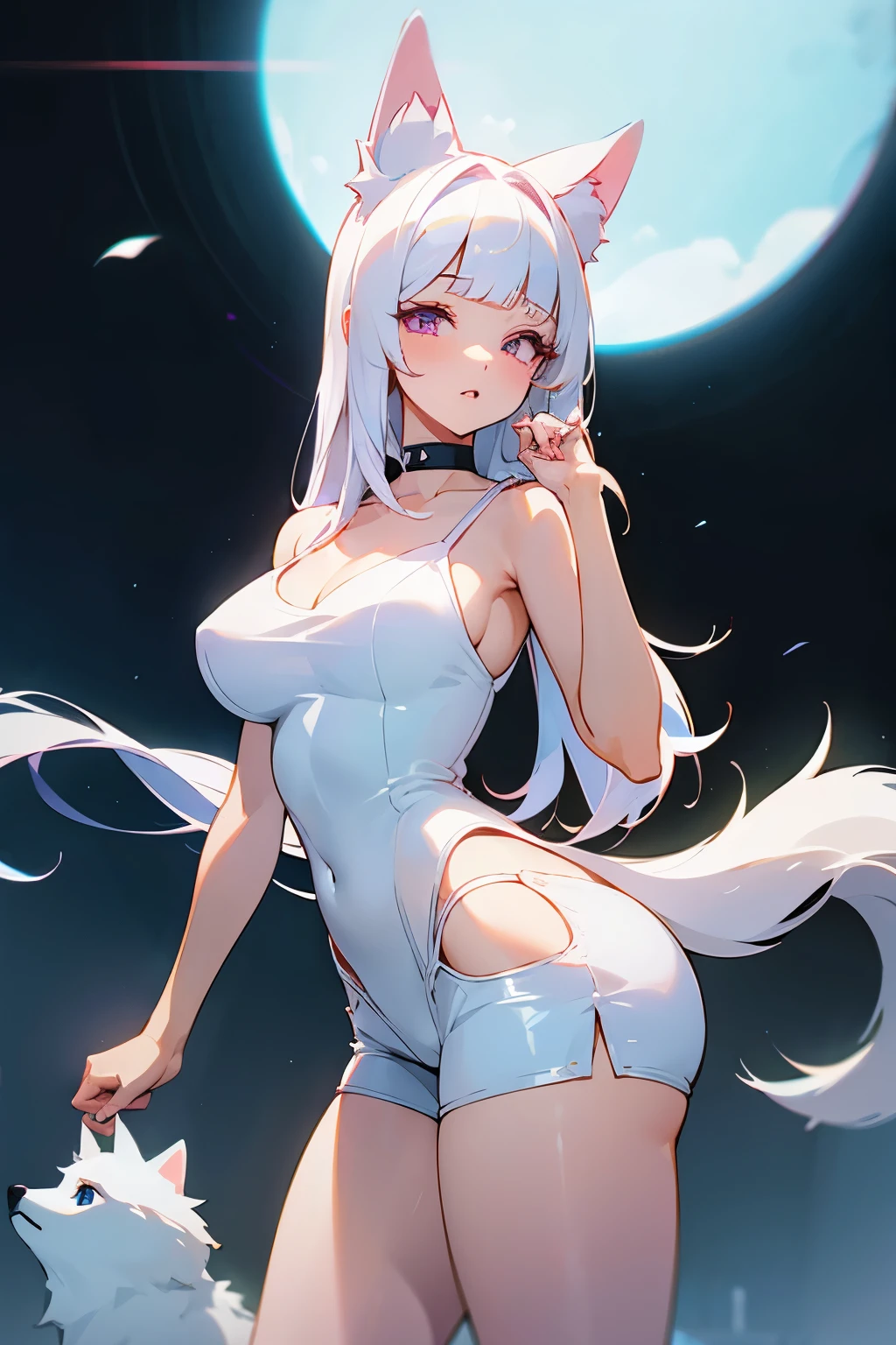 1girl, long white hair, blunt bangs, light pink eyes, large breasts, perfect body slim curves, big lips, parted lips, pastel aesthetic, shy, sensual, wearing plain white cami, wearing white booty shorts, white dog ears, white dog tail, white choker, outside city background, absurdres, high res, ultrasharp, 8K, masterpiece