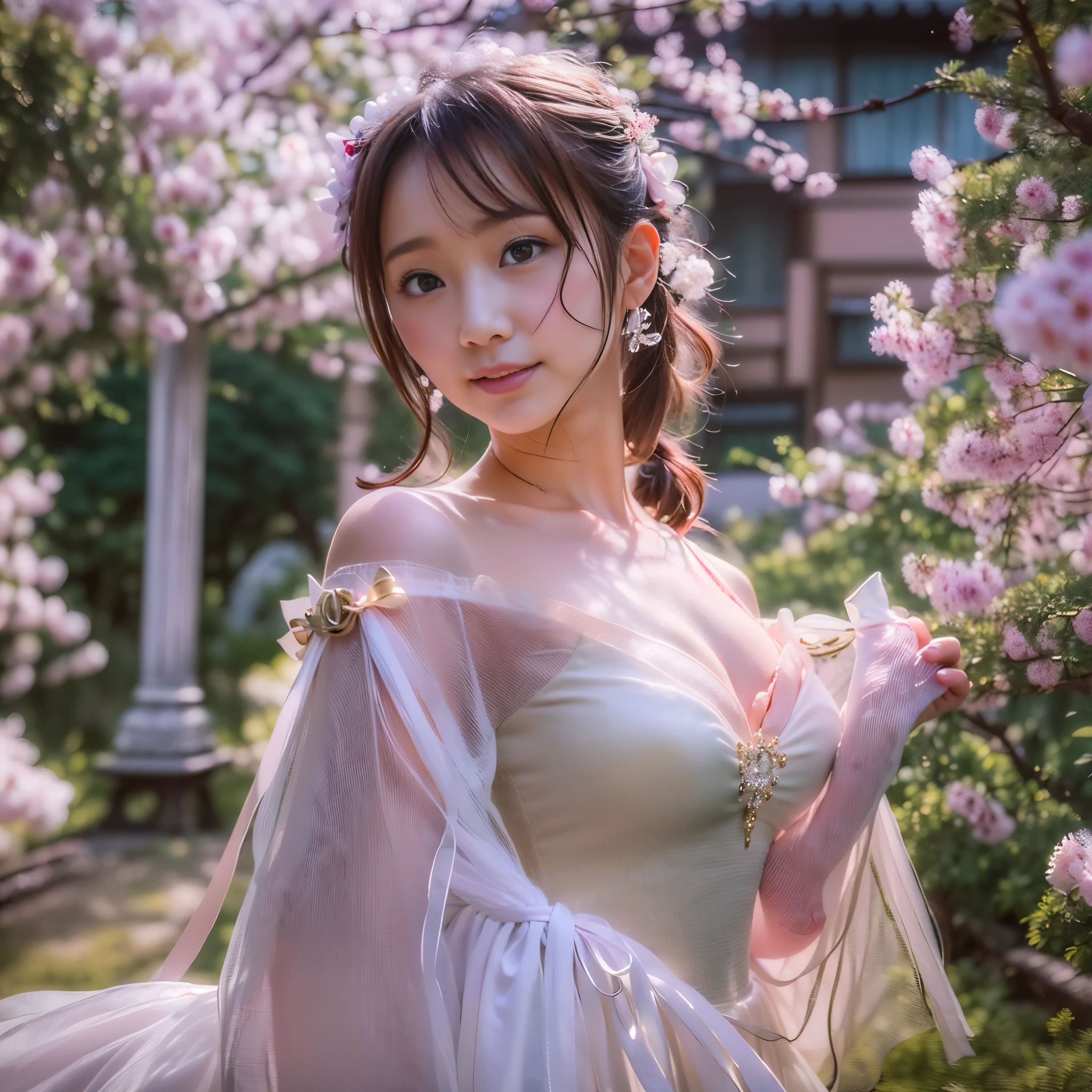 (realistic、Like a photograph、live action、8k, Photoreal, RAW photo, best image quality: 1.4), Single-lens reflex camera、RAW photo, highest quality, realistic, Highly detailed CG Unity 8k wallpaper, Depth of written boundary, cinematic light, Lens flare, ray tracing, realistic background、(Wedding dress:1.5、cleavage:1.37、big breasts、abs:1.2)、((super dense skin))、 1 female,cute japanese woman、japan bride、((whole body:1.5)、looking at the viewer:1.1、embarrassed look、random hairstyle:1.2、i like the style、Snazzy、Super detailed、pay attention to details、long hair、hair arrangement、hair is up、perfect bridal dress、(white skin)、beautiful feet:1.1、standing in the garden、great atmosphere、View from the front、beautiful background、Detailed background depiction、detailed portrait