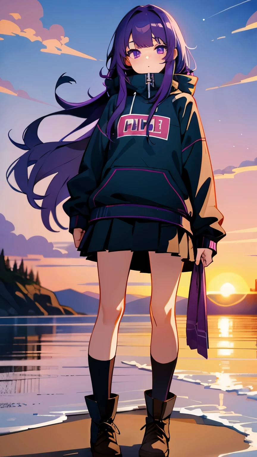 beach,seaside,Sunset,purple eyes,long purple hair,Black sweatshirt,black pleated skirt,Black Martin boots,black knee socks,8k resolution