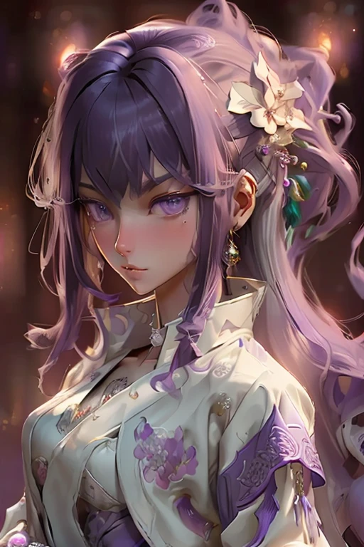 (masterpiece, best quality), intricate details, thin, ((slim)), beautiful girl, purple hair, blunt bangs, light purple eyes, sharp jawline, white coat, long hair, lips, upper body, close up, smirk