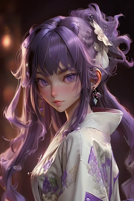 (masterpiece, best quality), intricate details, thin, ((slim)), beautiful girl, purple hair, blunt bangs, light purple eyes, sharp jawline, white coat, long hair, lips, upper body, close up, smirk