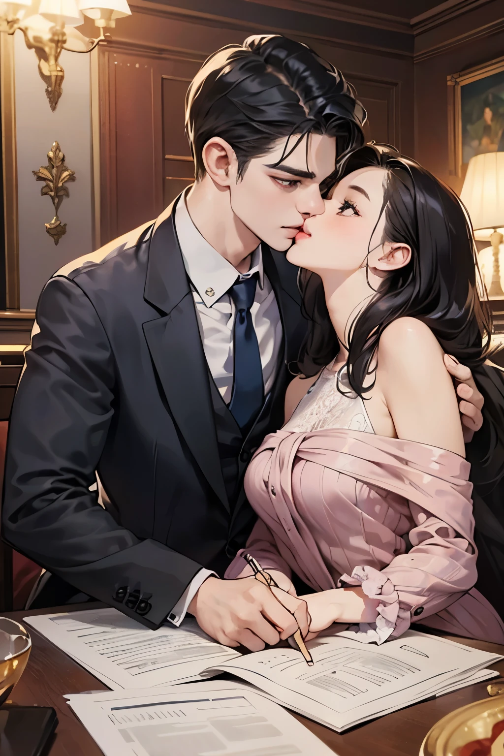 (table top, digital art, digital illustration, 4k, 8k, Super detailed, beautiful images, clear image, realistic, RAW photo, perfect face, perfect lines, perfect eyes, soft lighting) 1 female, (long black hair,straight hair,bullish look,Beautiful woman,woman in suit,Make up well,23 is a novel,:1.3),secretary, Two handsome men in suits, (human,man in suit,muscular,solid shoulder width, human,boyish hairstyle,English gentleman'Style,A man in his 30s with a cool expression,28 year old man with a bright smile:1.2),night office scene,antique furniture,antique clamp,antique chair,chandelier,party、couple、couple kissing、kiss、the kiss、romance、kiss、fight、睨み合う男女couple、