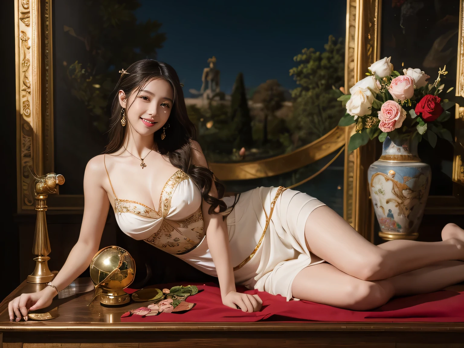 Giorgione painting style,Arguments of two female Philosophe,math、astronomical machine、astronaut、roses in vase、fruits、Cute trinkets、smile、ancient greek costume、Background is a forest lake at night 、Clothes that stretch your shoulders、A big smile、beautiful bare skin、A detailed representation of the seducing woman throughout her body.