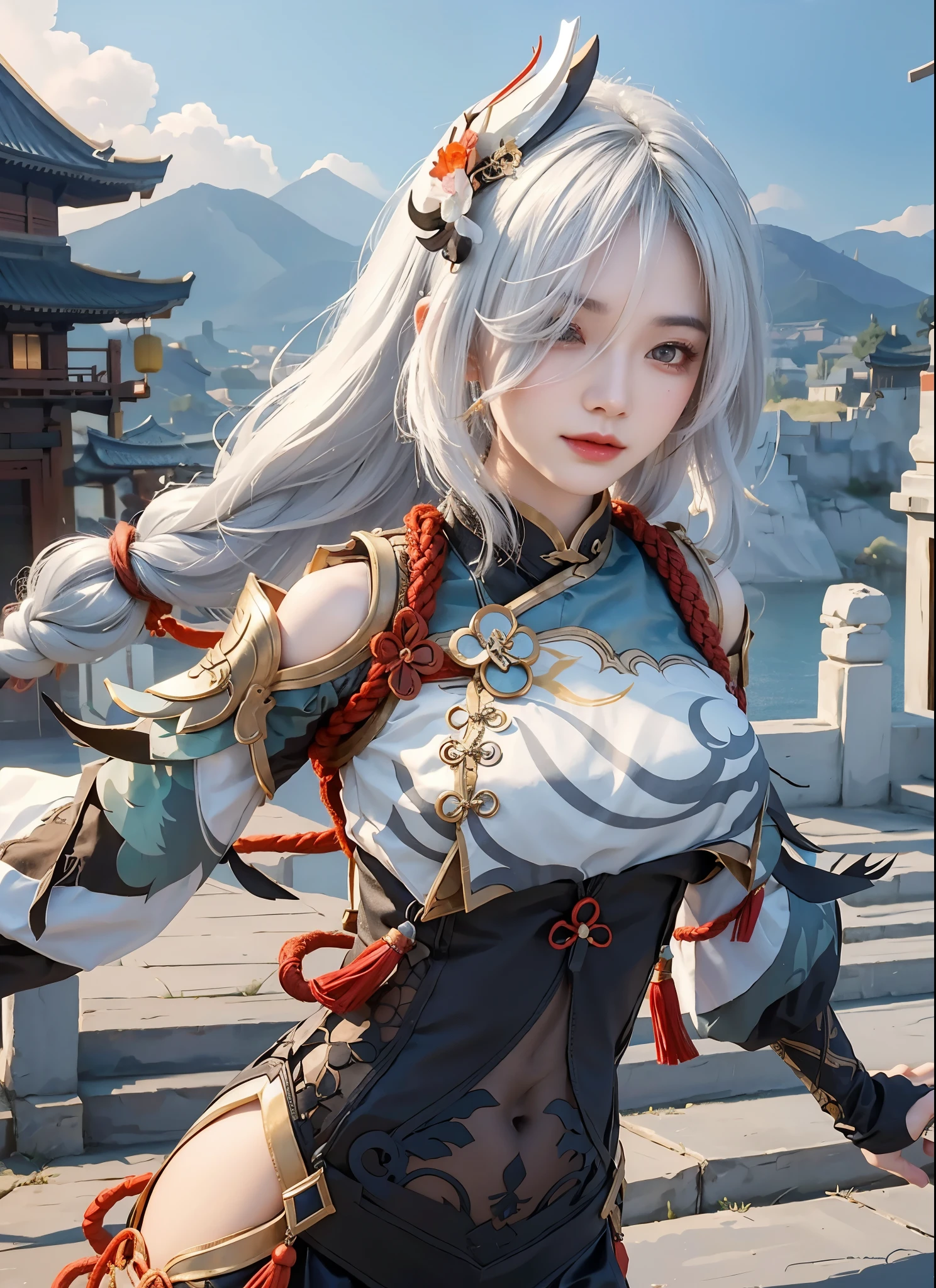 image of a woman with long white hair and chinese martial art clothes, Shenhe from genshin impact, onmyoji portrait, white haired deity, ((bangs)), onmyoji detailed art, beutiful, detailed, detailed background, realistic, photo realistic, beutiful girl, pretty girl, (((hair over one eye))), grey eyes, cosplayer, instagram filter