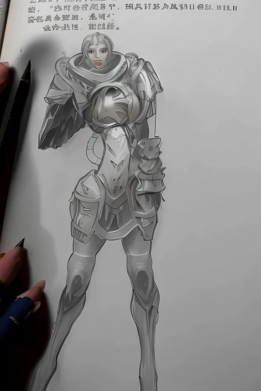 Close-up of a drawing of a woman wearing armor, detailed whole body concept, whole body concept, Detailed but rough, complex fantasy characters, Warrior concept art, The armor is integrated with the body, clear clothing design, concept armor, New clothing concept design, Characters in concept art, full body figure painting, some curved armor, concept character, full body character concept