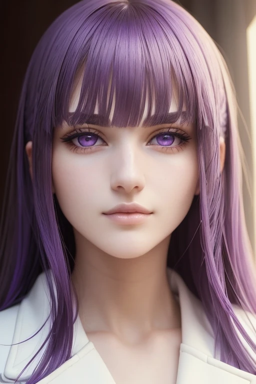 (best quality,masterpiece:1.2),intricate details,thin,beautiful girl,purple hair,blunt bangs,light purple eyes,sharp jawline,white coat,long hair,lips,upper body,close up,smirk