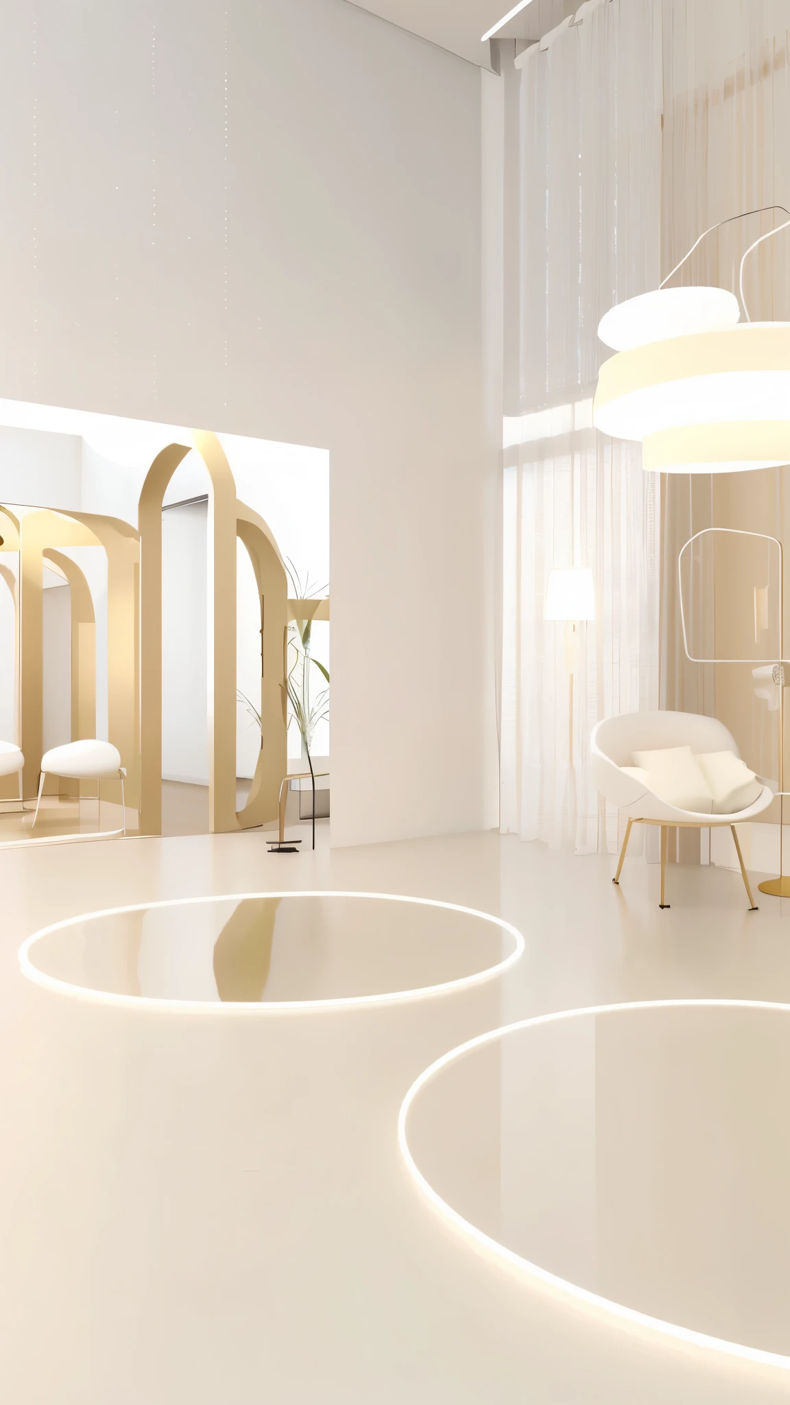 There is a room with many chairs and tables, Ray tracing 3D set design, 光线充足的 3d rendering, 3D rendering style, 3d rendering均匀点亮, 干净的 3d rendering, 3d rendering, Rendering in Arnold, cream colored room, Render in enscape, White and gold color scheme, Rendering in V-Ray