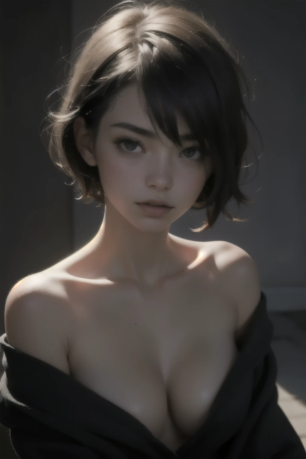 (((Highly detailed CG unit 8k wallpaper:1.2, masterpiece, High resolution:1.2, highest quality:1.2, table top))), ((very beautiful woman, Toned belly button, not wearing clothes:1.5)), ((highly detailed face, Highly detailed black eyes, extra detailed body, highest qualityのリアルテクスチャスキン)), (black haired:1.2, short bob hair:1.2, long haired person, white skin, smile), ((Alley without people, Mileland, Desolate battlefield:1.2, treatment of slaves)), (high angle:1.2, close, Fisheye:1.1), surreal, digital paint,