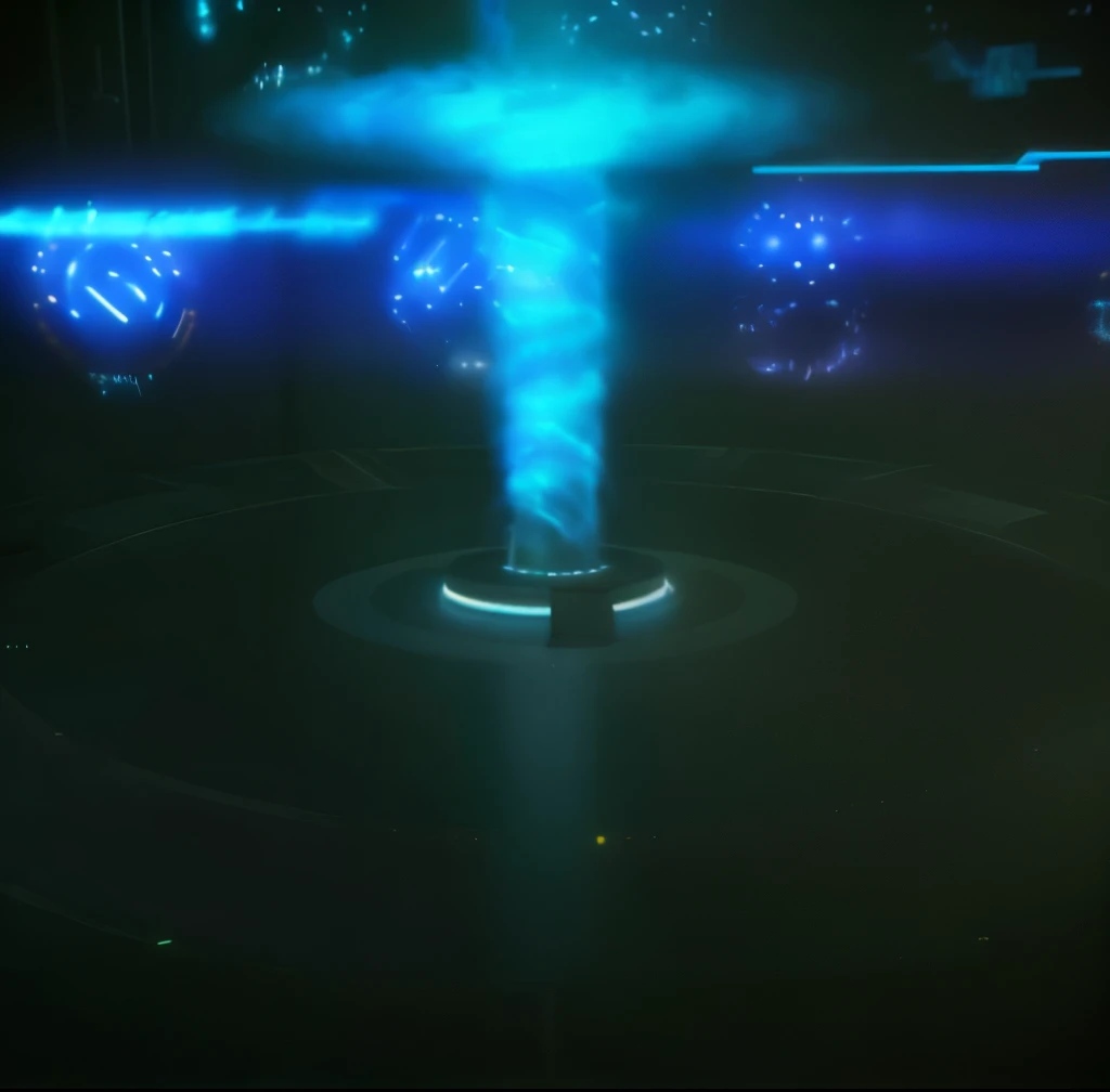 The large center of the project (Quantum Leap) accelerator chamber with a blue swirly plasma tornado effects in the middle of the podium; electrical circuit wall; electric energy; time travel; futuristic; unreal engine; octane render; cinematic; digital art, low key