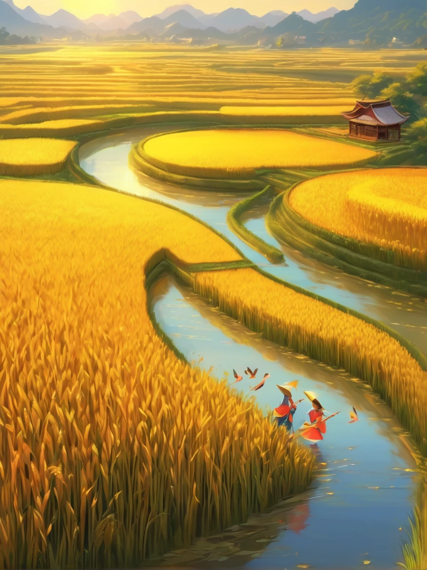 When you walk into this rice field，It&#39;s like being in a surreal dream。In front of you is a vast rice field，Golden rice swaying in the wind，The sun shines on it, making the entire rice field shine with a warm light。A row of colorful wildflowers grows on the edge of a rice field，They sway gently in the breeze，Like dancing a beautiful dance。

Standing on the edge of the rice field，You can see a group of birds singing happily in the wheat field，Their chirping is intertwined with the melodious sound of wind in the rice fields，constitutes a wonderful natural symphony。Occasionally a little bird flies up，Cut through the sky，Leave a beautiful curve，It seems to have painted an unparalleled picture of the sky。

There is a crystal clear stream flowing through the middle of the rice field.，The river is crystal clear，Reflecting the blue sky, white clouds and surrounding scenery，Like a living mirror。The river flows gently，Makes a pleasant sound of water，It&#39;s like nature has composed a beautiful piece of music for this land。

Mountains loom in the distance，Like an ink landscape painting。The mountains are surrounded by thin mis like a fairyland，Make the whole scene more mysterious and beautiful。

in this rice field，Everything is full of life and vitality，Every detail exudes a unique charm，It seems that nature shows us her most beautiful side。