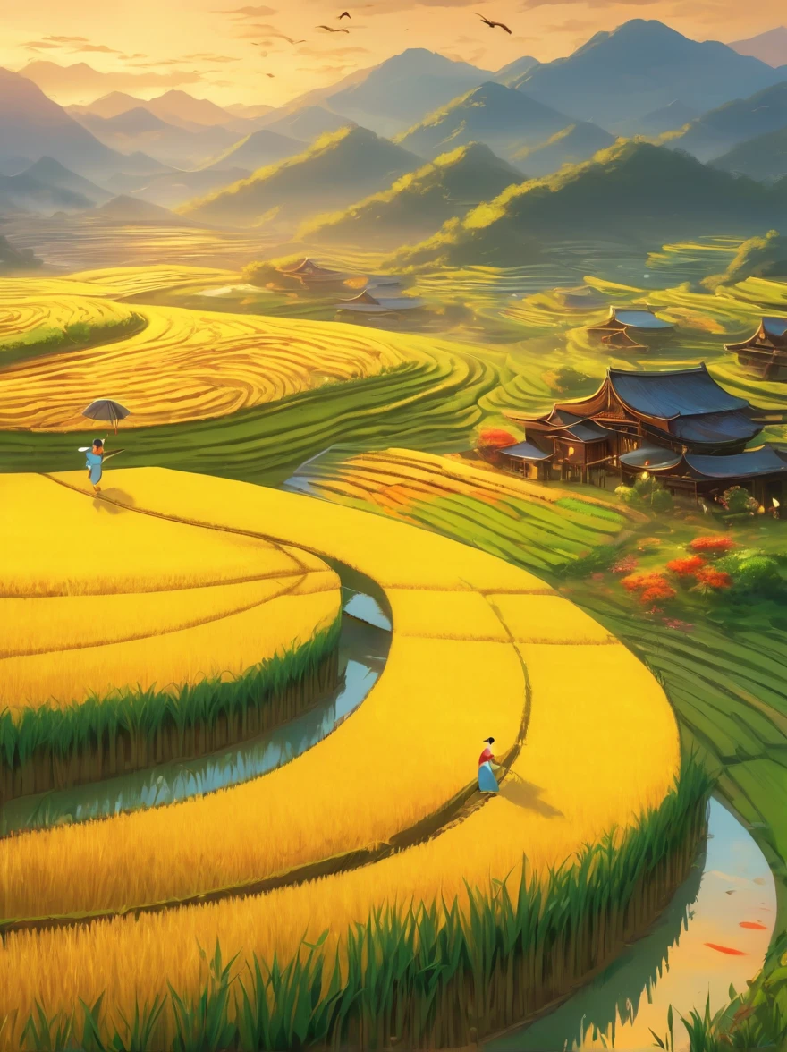 When you walk into this rice field,It's like being in a surreal dream。In front of you is a vast rice field,Golden rice swaying in the wind,The sun shines on it, making the entire rice field shine with a warm light。A row of colorful wildflowers grows on the edge of a rice field,They sway gently in the breeze,Like dancing a beautiful dance。
Standing on the edge of the rice field,You can see a group of birds singing happily in the wheat field,Their chirping is intertwined with the melodious sound of wind in the rice fields,constitutes a wonderful natural symphony。Occasionally a little bird flies up,Cut through the sky,Leave a beautiful curve,It seems to have painted an unparalleled picture of the sky。
There is a crystal clear stream flowing through the middle of the rice field.,The river is crystal clear,Reflecting the blue sky, white clouds and surrounding scenery,Like a living mirror。The river flows gently,Makes a pleasant sound of water,It's like nature has composed a beautiful piece of music for this land。
Mountains loom in the distance,Like an ink landscape painting。The mountains are surrounded by thin mis like a fairyland,Make the whole scene more mysterious and beautiful。
in this rice field,Everything is full of life and vitality,Every detail exudes a unique charm,It seems that nature shows us her most beautiful side。