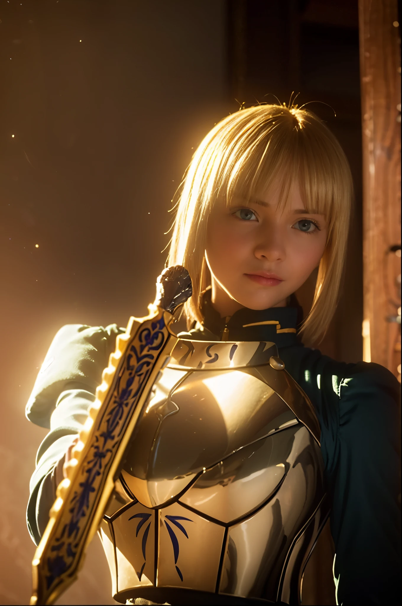  1girl,(((17 years old))),(a blond), (braided single hair bun)), (huge breast:1.5), (((armor))), ((beautiful anime eyes with fine detail)), ((indigo blue ribbon)), realistic skin, (intricate details), ((lighting forward)), depth field, ((ultra high resolution, high res)), {highres}, {{very fine 8KCG wallpapers}}, {{very precise detailed}}, ((((masterpiece)))),background old castle, ((grasp a excalibur)), ((golden sword))