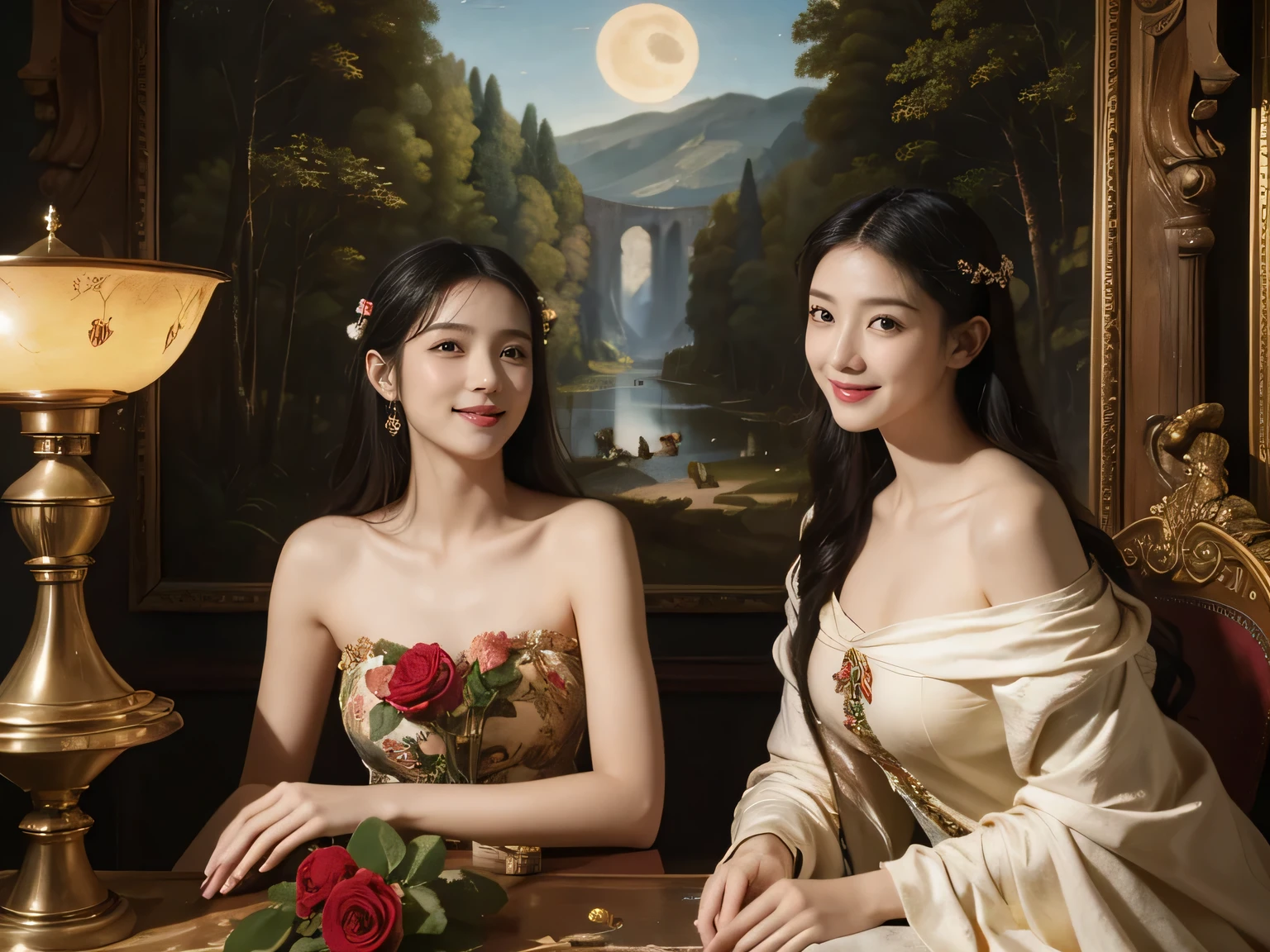 Giorgione painting style,Arguments of two female Philosophe,math、astronomical machine、astronaut、roses in vase、fruits、Cute trinkets、smile、ancient greek costume、Background is a forest lake at night 、Clothes that stretch your shoulders、A big smile、beautiful bare skin、A detailed representation of the seducing woman throughout her body.