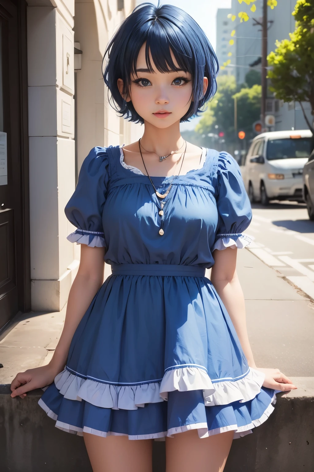 Cute girl, facebook, short blue hair, ((f)), Blue and white clothes, storyteller, informant, philanthropist
