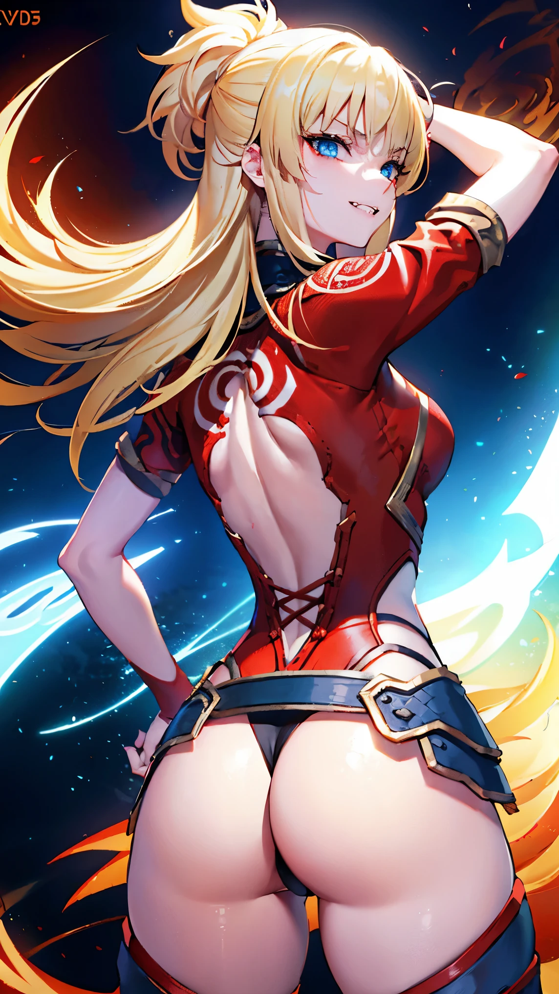 young girl, blonde hair, blue eyes, smirk, fangs, hands on ass, view from behind, focus on ass, tattoo, Aoi, Arena of Valor, red clothes, Masterpiece, hiquality, ultra details, HD, 4k