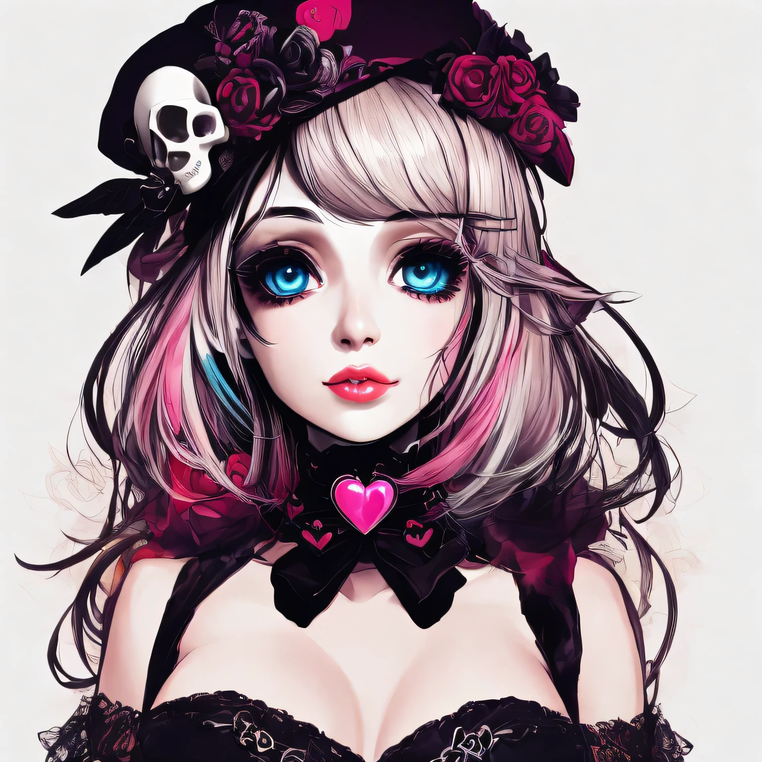 design, lovely girl skull, lips in love, beautiful eyes, stylish cap, fashion trends, Colorful Hearts