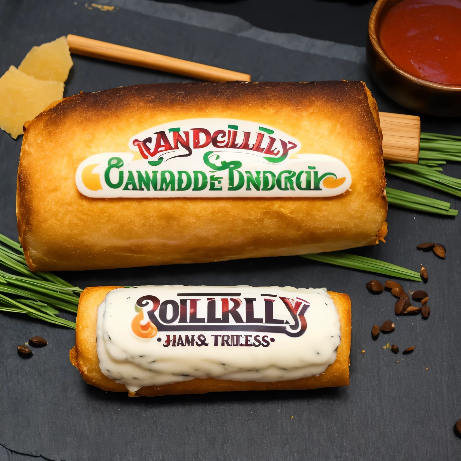 make a Logo of a Crispy Ham and Cheese roll surrounded by vibrant Boku Pandan Jelly, with a subtle drizzle of condensed milk with a friendly font for "RollnJelly Treats"