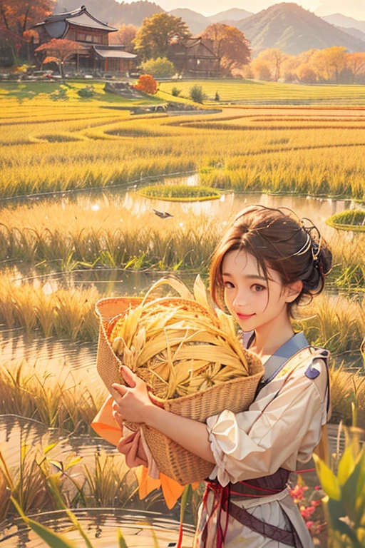 Japanese countryside scenery、There is a woman in the rice field、A woman holding a bundle of rice with both hands、smile、Himiko、anatomically correct、A golden field that spreads out all over、The ground of the rice field is dry。ripe golden ears of rice、Mountain with autumn leaves in the distance々、Clear autumn sky、