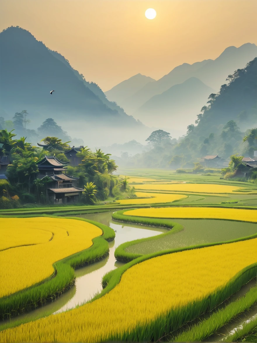 When you walk into this rice field，It&#39;s like being in a surreal dream。In front of you is a vast rice field，Golden rice swaying in the wind，The sun shines on it, making the entire rice field shine with a warm light。A row of colorful wildflowers grows on the edge of a rice field，They sway gently in the breeze，Like dancing a beautiful dance。

Standing on the edge of the rice field，You can see a group of birds singing happily in the wheat field，Their chirping is intertwined with the melodious sound of wind in the rice fields，constitutes a wonderful natural symphony。Occasionally a little bird flies up，Cut through the sky，Leave a beautiful curve，It seems to have painted an unparalleled picture of the sky。

There is a crystal clear stream flowing through the middle of the rice field.，The river is crystal clear，Reflecting the blue sky, white clouds and surrounding scenery，Like a living mirror。The river flows gently，Makes a pleasant sound of water，It&#39;s like nature has composed a beautiful piece of music for this land。

Mountains loom in the distance，Like an ink landscape painting。The mountains are surrounded by thin mis like a fairyland，Make the whole scene more mysterious and beautiful。

in this rice field，Everything is full of life and vitality，Every detail exudes a unique charm，It seems that nature shows us her most beautiful side。