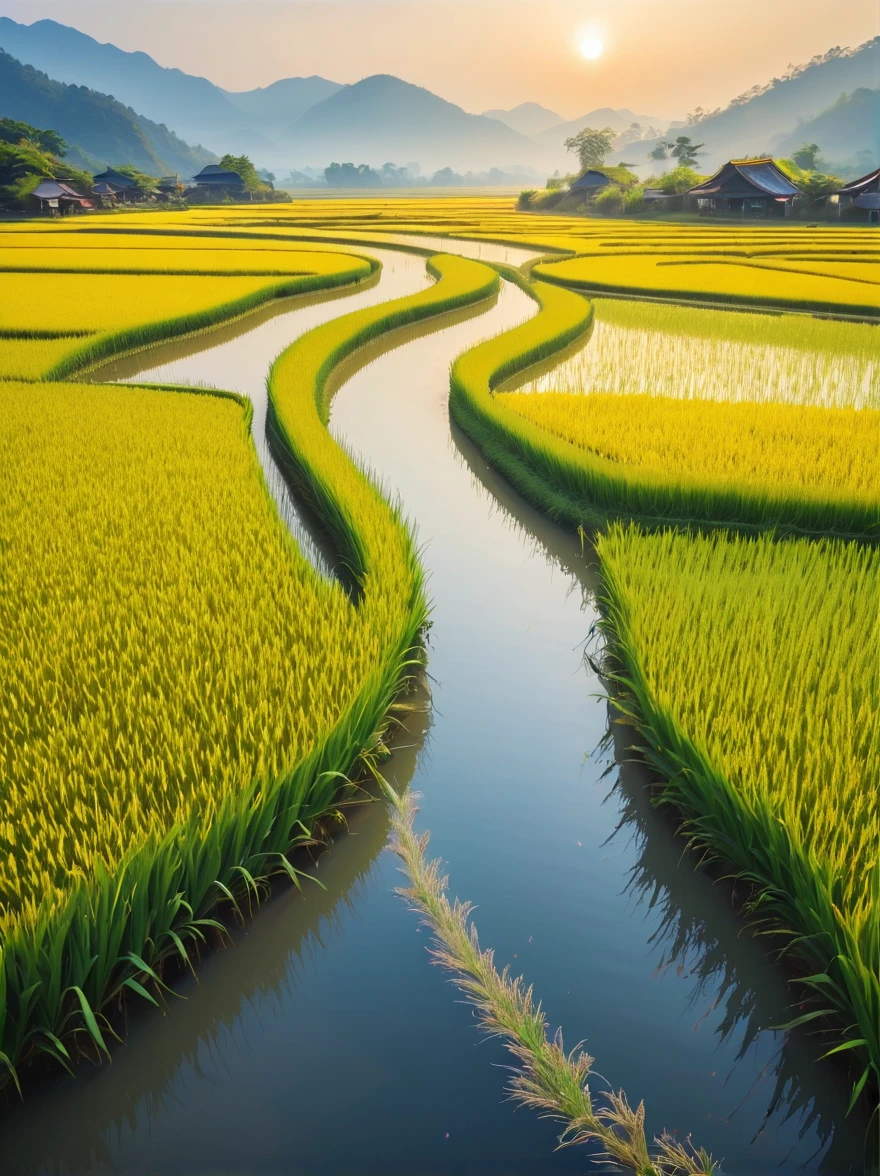 When you walk into this rice field，It&#39;s like being in a surreal dream。In front of you is a vast rice field，Golden rice swaying in the wind，The sun shines on it, making the entire rice field shine with a warm light。A row of colorful wildflowers grows on the edge of a rice field，They sway gently in the breeze，Like dancing a beautiful dance。

Standing on the edge of the rice field，You can see a group of birds singing happily in the wheat field，Their chirping is intertwined with the melodious sound of wind in the rice fields，constitutes a wonderful natural symphony。Occasionally a little bird flies up，Cut through the sky，Leave a beautiful curve，It seems to have painted an unparalleled picture of the sky。

There is a crystal clear stream flowing through the middle of the rice field.，The river is crystal clear，Reflecting the blue sky, white clouds and surrounding scenery，Like a living mirror。The river flows gently，Makes a pleasant sound of water，It&#39;s like nature has composed a beautiful piece of music for this land。

Mountains loom in the distance，Like an ink landscape painting。The mountains are surrounded by thin mis like a fairyland，Make the whole scene more mysterious and beautiful。

in this rice field，Everything is full of life and vitality，Every detail exudes a unique charm，It seems that nature shows us her most beautiful side。