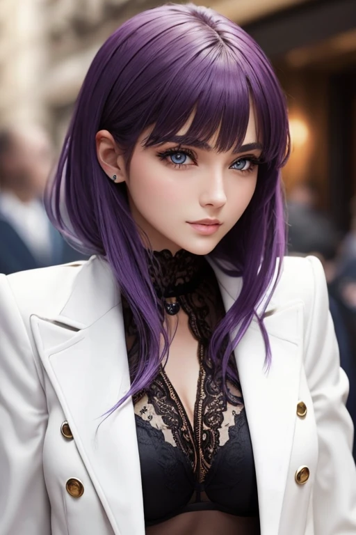 (masterpiece, best quality), intricate details, thin, ((slim)), beautiful girl, purple hair, blunt bangs, light orange eyes, sharp jawline, white coat, long hair, lips, upper body, close up, smirk