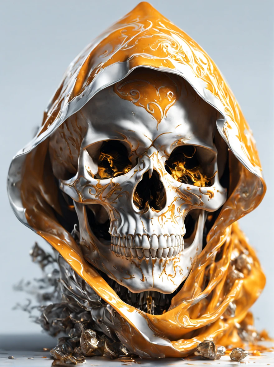 A skull in an orange hoodi, ultra realistic, sharp focus, white background, 3D render, uhd, 8k