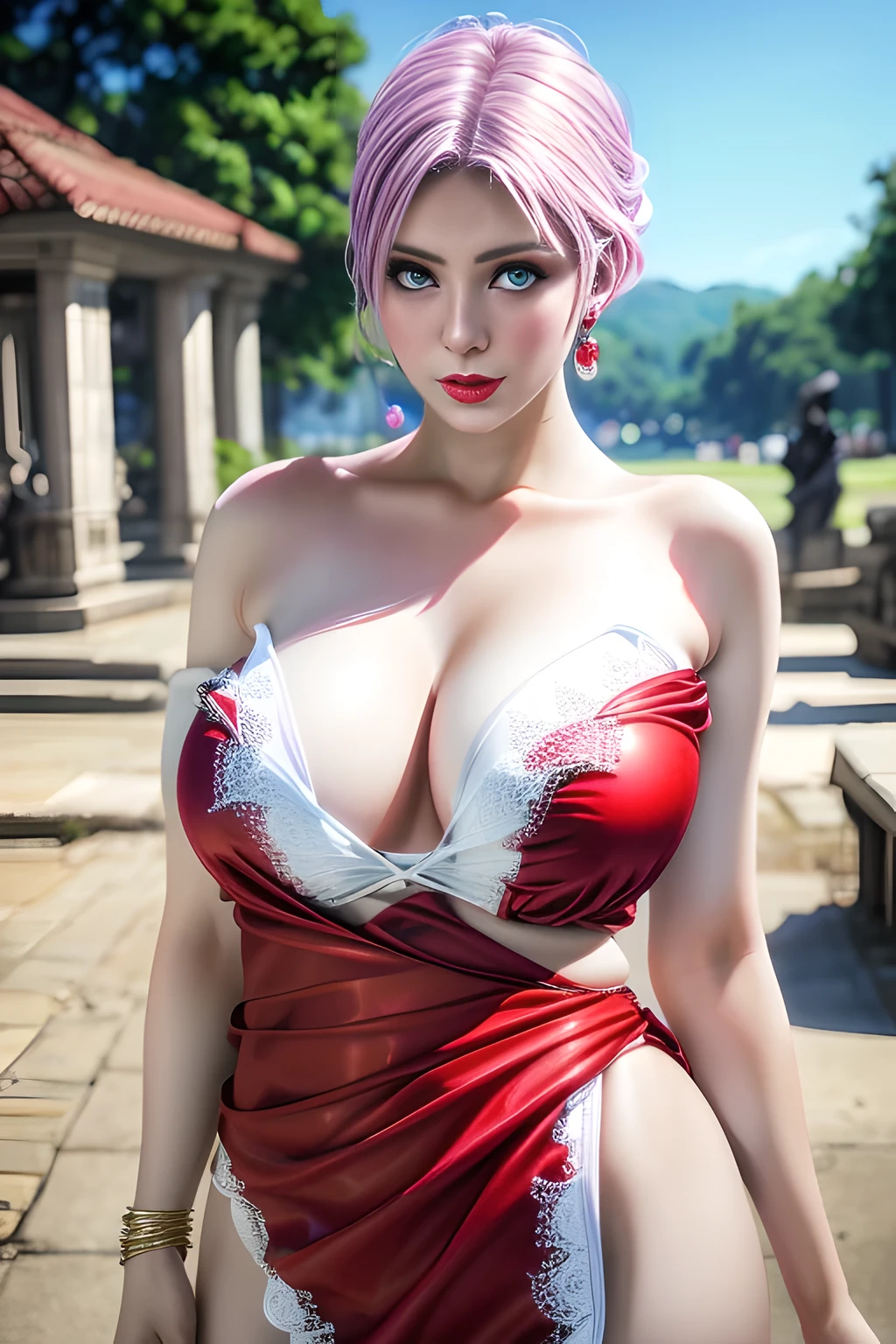 1 girl,Alice,(pajamas),(White strapless dress:1.4),Outdoor activities, (standing posture),grace,(((red lips))), Lips slightly open, clavicle,Lactation,(huge breasts:1.3),skin shiny,((8k, original photo, top quality, masterpiece), HD RAW color photos professional close-up photos, (actual, photorealism: 1.37), (best quality),8k,Fabric luster,alone,
