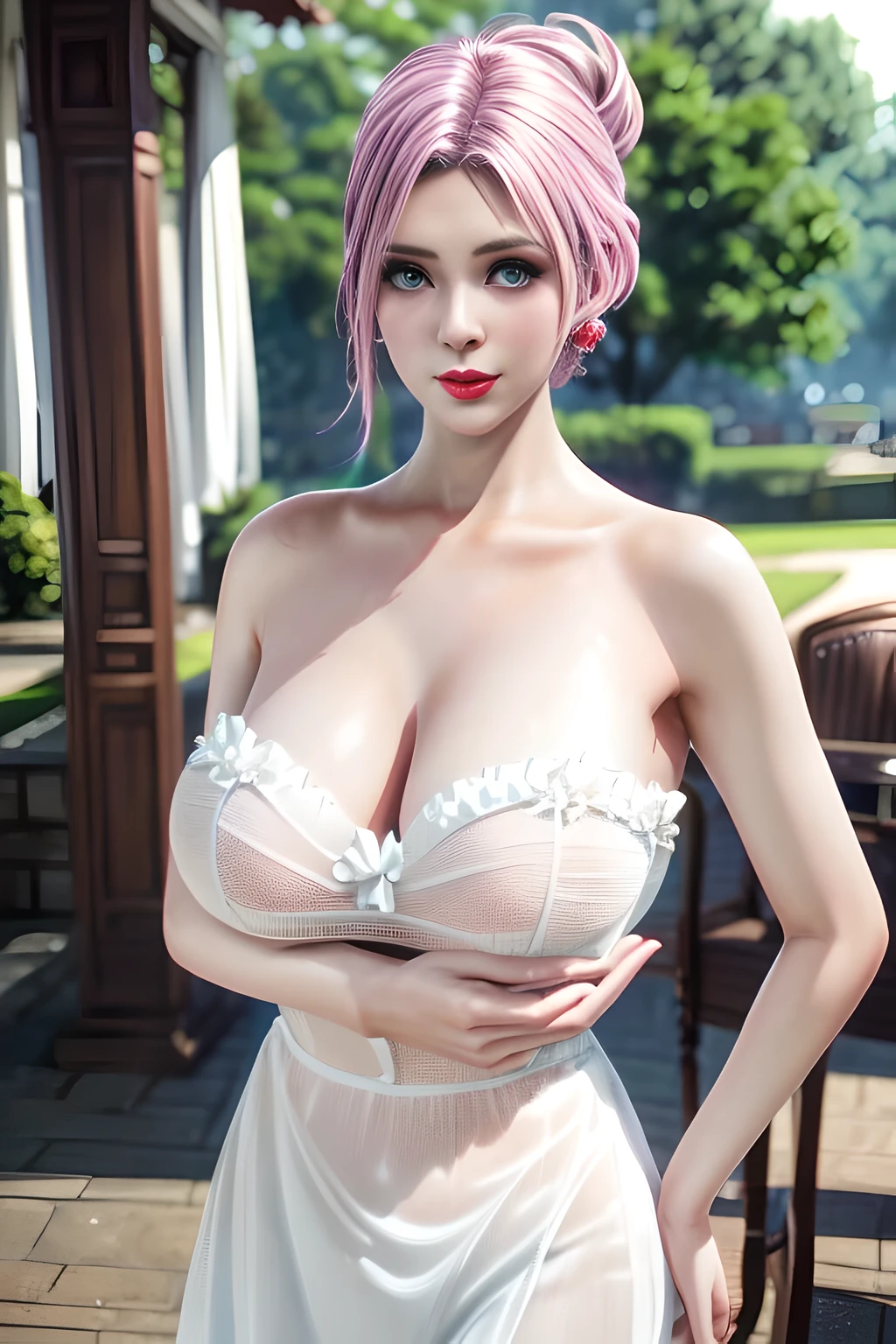 1 girl,Alice,(pajamas),(White strapless dress:1.4),Outdoor activities, (standing posture),grace,(((red lips))), Lips slightly open, clavicle,Lactation,(huge breasts:1.3),skin shiny,((8k, original photo, top quality, masterpiece), HD RAW color photos professional close-up photos, (actual, photorealism: 1.37), (best quality),8k,Fabric luster,alone,