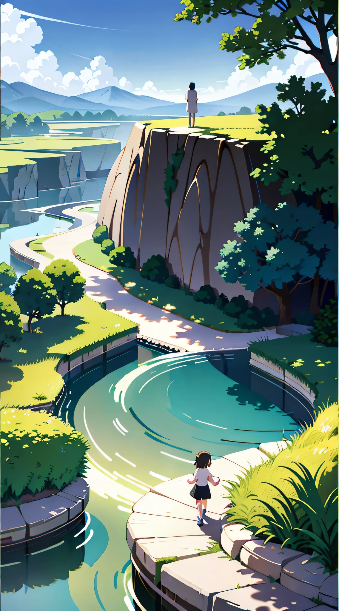 Modern acrylic painting on canvas, illustration rickety house far away in the rice field with footpath, blue sky, river, huge rock, small house, sharp focus, studio photography, complex details, high detail,4K resolution, detailed, no blur, very high quality movie poster, harmonious composition balance, harmonious colors, soft toned pastel painting, minimalism, no blur, studio style makoto shinkai ghibli genshin impact, Sunny Day, anime style, digital art, aesthetic, casual, Mysterious, trending on artstation8k high image quality, by Makoto Shinkai, 8K QUALITY, illustration by ken sugimori, 8K quality Ghibli art, 8K quality art, Hayao Miyazaki art.