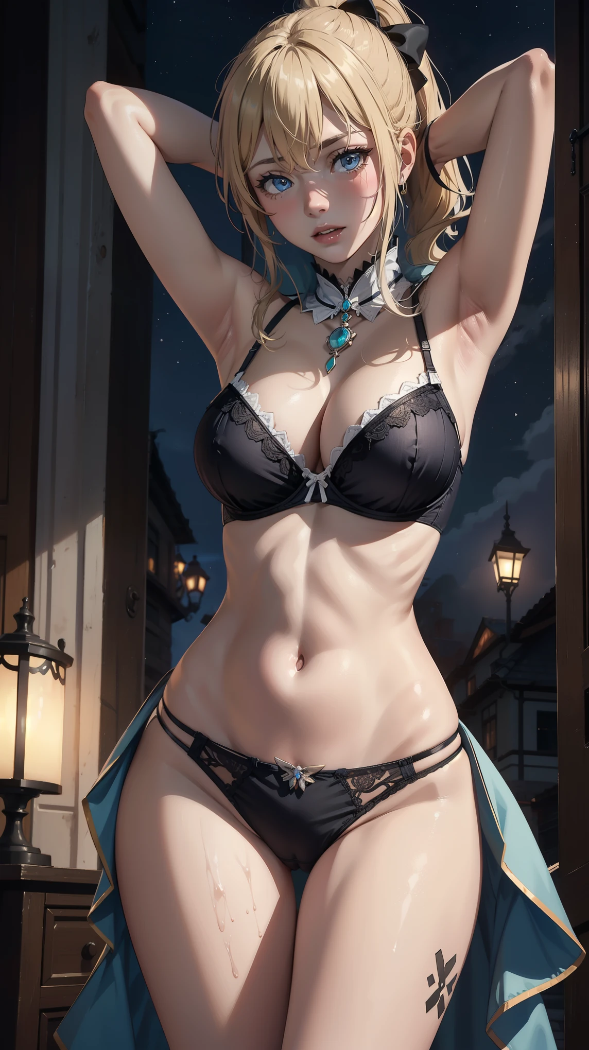Masterpiece, high quality, 8k, ultra detail, 1 girl, ((jeanrnd)), blush, standing, (large breast), cleavage, (underwear:1.3), ((night)), off shoulders, ((armpits poses))