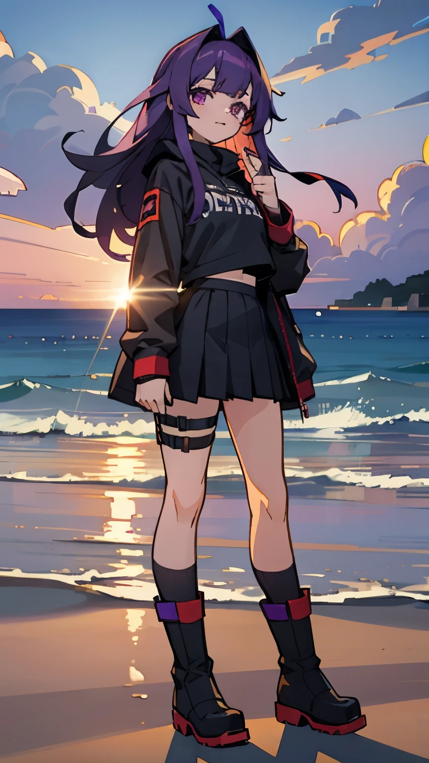 beach，seaside，Sunset，purple eyes，long purple hair，Black sweatshirt，black pleated skirt，Black Martin boots，black knee socks，8k resolution