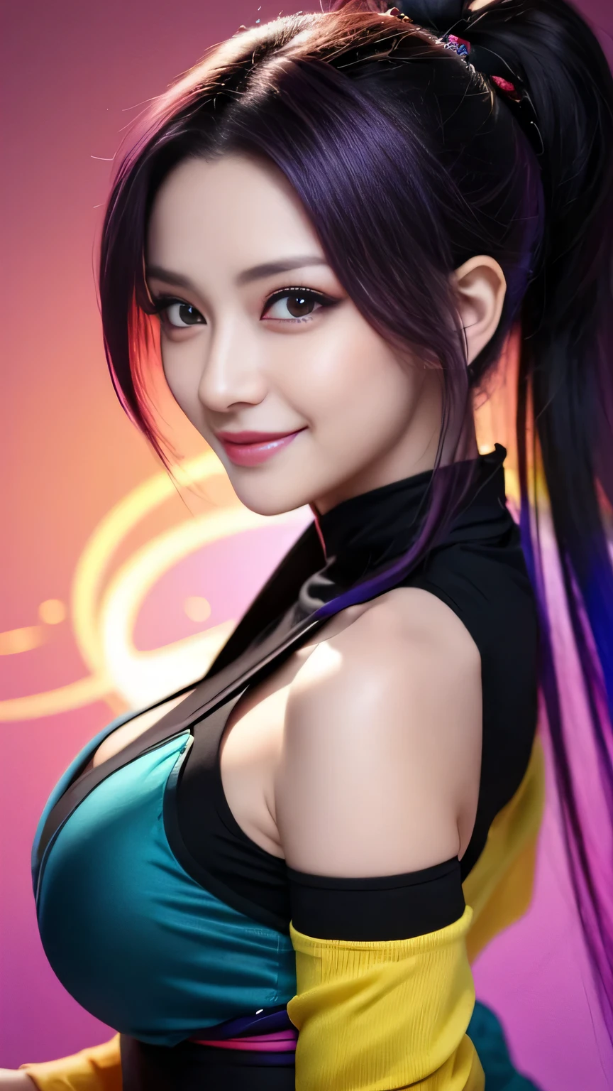 A wonderful woman born on July 23rd, 1975　kunoichi　（Hair color is rainbow）no background　beautiful breasts　The color of the clothes is black　smile