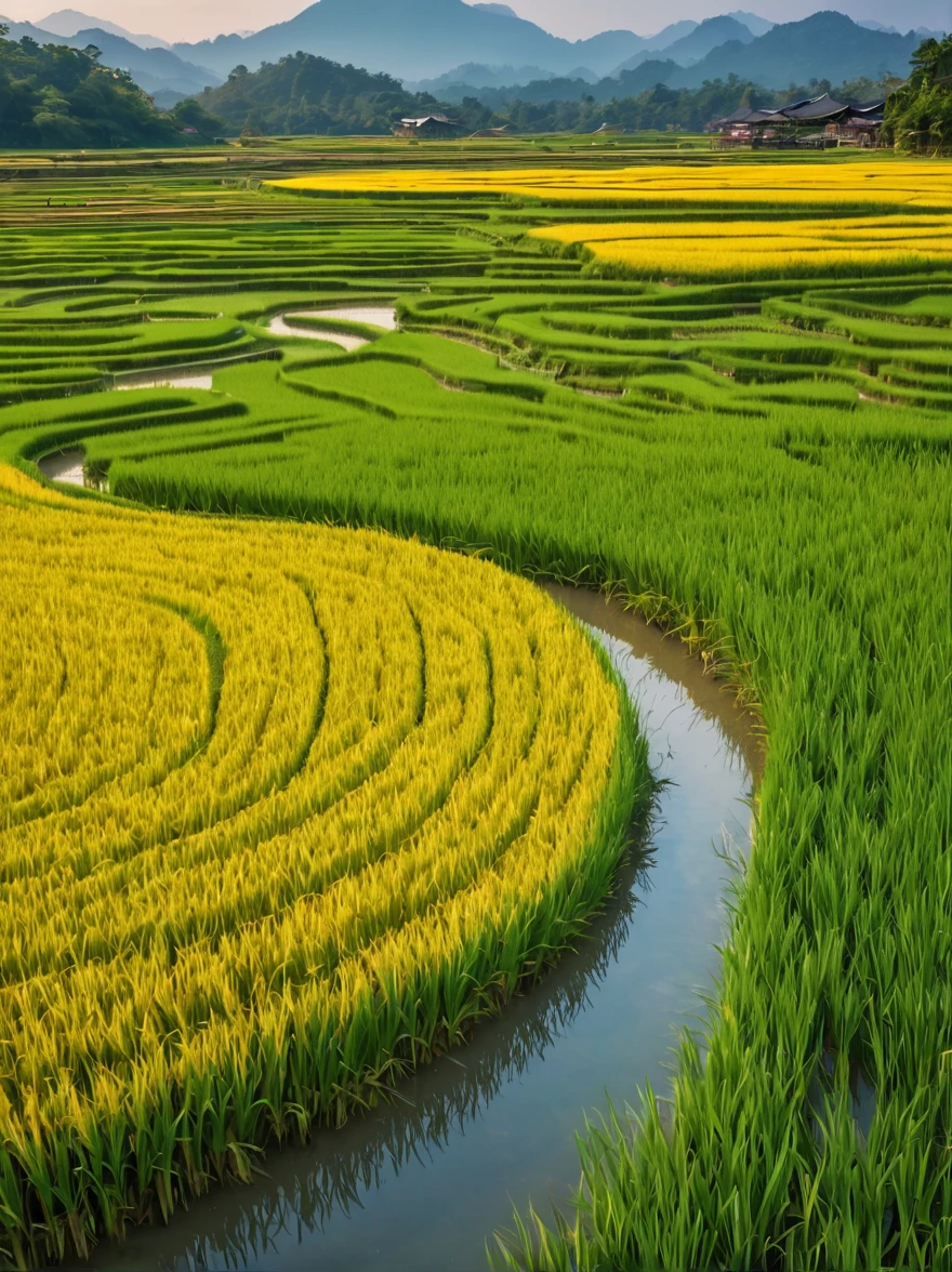 When you walk into this rice field，It&#39;s like being in a surreal dream。In front of you is a vast rice field，Golden rice swaying in the wind，The sun shines on it, making the entire rice field shine with a warm light。A row of colorful wildflowers grows on the edge of a rice field，They sway gently in the breeze，Like dancing a beautiful dance。

Standing on the edge of the rice field，You can see a group of birds singing happily in the wheat field，Their chirping is intertwined with the melodious sound of wind in the rice fields，constitutes a wonderful natural symphony。Occasionally a little bird flies up，Cut through the sky，Leave a beautiful curve，It seems to have painted an unparalleled picture of the sky。

There is a crystal clear stream flowing through the middle of the rice field.，The river is crystal clear，Reflecting the blue sky, white clouds and surrounding scenery，Like a living mirror。The river flows gently，Makes a pleasant sound of water，It&#39;s like nature has composed a beautiful piece of music for this land。

Mountains loom in the distance，Like an ink landscape painting。The mountains are surrounded by thin mis like a fairyland，Make the whole scene more mysterious and beautiful。

in this rice field，Everything is full of life and vitality，Every detail exudes a unique charm，It seems that nature shows us her most beautiful side。