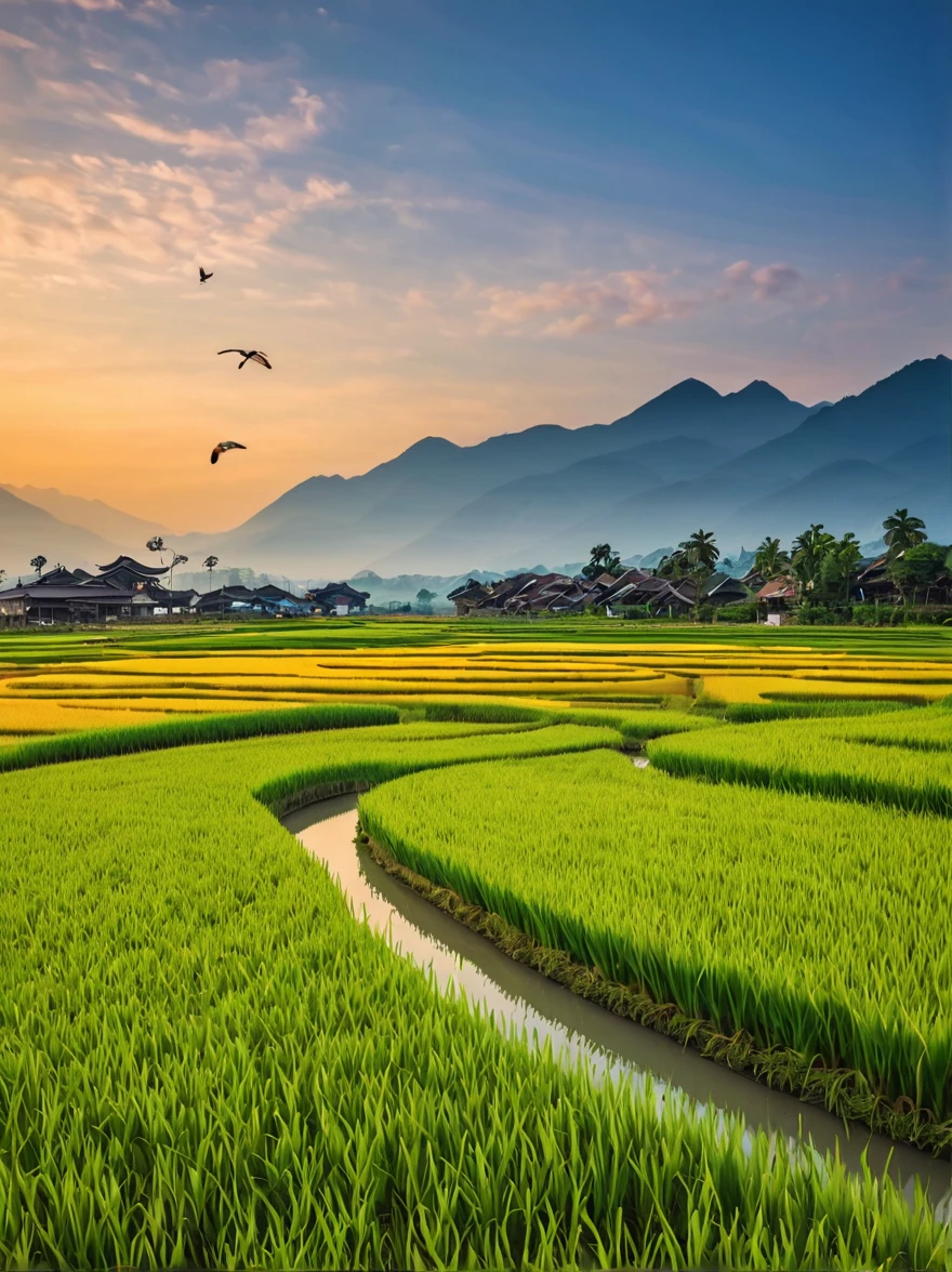 When you walk into this rice field，It&#39;s like being in a surreal dream。In front of you is a vast rice field，Golden rice swaying in the wind，The sun shines on it, making the entire rice field shine with a warm light。A row of colorful wildflowers grows on the edge of a rice field，They sway gently in the breeze，Like dancing a beautiful dance。

Standing on the edge of the rice field，You can see a group of birds singing happily in the wheat field，Their chirping is intertwined with the melodious sound of wind in the rice fields，constitutes a wonderful natural symphony。Occasionally a little bird flies up，Cut through the sky，Leave a beautiful curve，It seems to have painted an unparalleled picture of the sky。

There is a crystal clear stream flowing through the middle of the rice field.，The river is crystal clear，Reflecting the blue sky, white clouds and surrounding scenery，Like a living mirror。The river flows gently，Makes a pleasant sound of water，It&#39;s like nature has composed a beautiful piece of music for this land。

Mountains loom in the distance，Like an ink landscape painting。The mountains are surrounded by thin mis like a fairyland，Make the whole scene more mysterious and beautiful。

in this rice field，Everything is full of life and vitality，Every detail exudes a unique charm，It seems that nature shows us her most beautiful side。