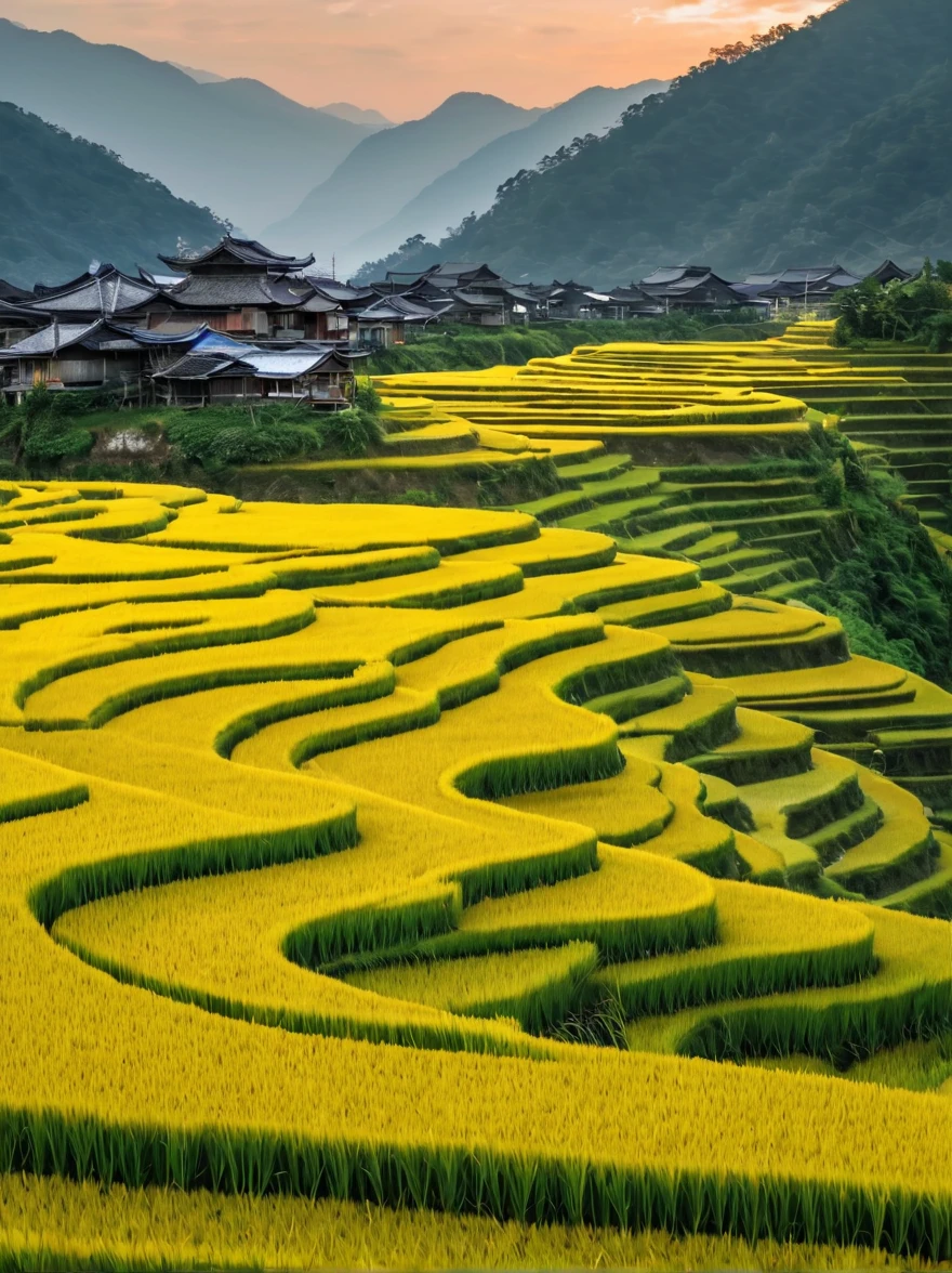 When you walk into this rice field，It&#39;s like being in a surreal dream。In front of you is a vast rice field，Golden rice swaying in the wind，The sun shines on it, making the entire rice field shine with a warm light。A row of colorful wildflowers grows on the edge of a rice field，They sway gently in the breeze，Like dancing a beautiful dance。

Standing on the edge of the rice field，You can see a group of birds singing happily in the wheat field，Their chirping is intertwined with the melodious sound of wind in the rice fields，constitutes a wonderful natural symphony。Occasionally a little bird flies up，Cut through the sky，Leave a beautiful curve，It seems to have painted an unparalleled picture of the sky。

There is a crystal clear stream flowing through the middle of the rice field.，The river is crystal clear，Reflecting the blue sky, white clouds and surrounding scenery，Like a living mirror。The river flows gently，Makes a pleasant sound of water，It&#39;s like nature has composed a beautiful piece of music for this land。

Mountains loom in the distance，Like an ink landscape painting。The mountains are surrounded by thin mis like a fairyland，Make the whole scene more mysterious and beautiful。

in this rice field，Everything is full of life and vitality，Every detail exudes a unique charm，It seems that nature shows us her most beautiful side。