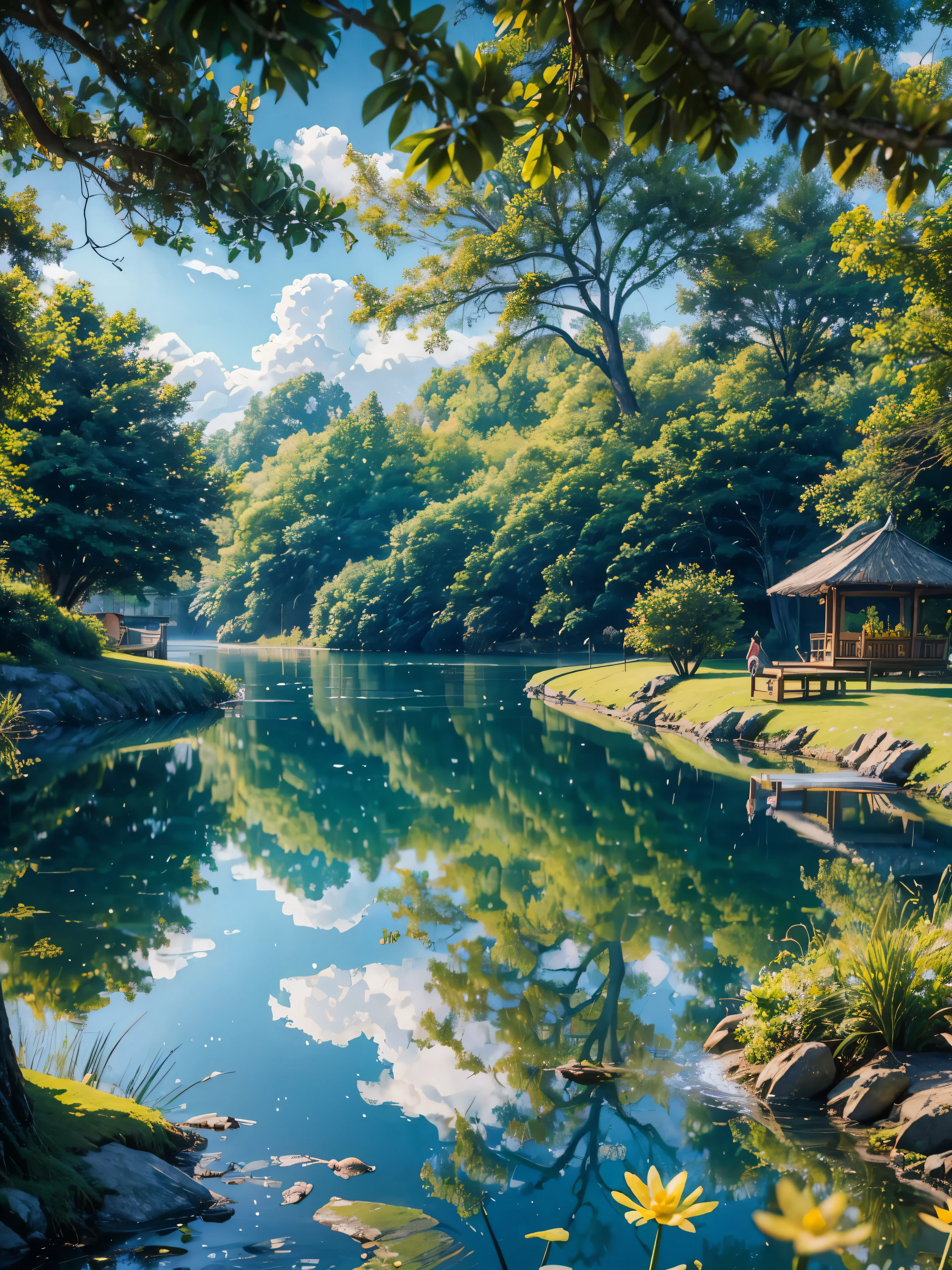 (8K, HD), LOFI-STYLE, city park, cute picture, summer time, bright day, a little pond, ducks swimming, perfect reflections, peaceful atmosphere, tall trees, vibrant flowers, birds chirping, sunlight filtering through leaves, soft shadows on the grass, leisurely strolls, colorful kites flying, relaxing benches, gentle breeze, blue sky, white clouds, sparkling water, joyful mood, lively park, green oasis, picturesque scenery, (masterpiece:1.2), (best quality), high details, award winning, highres