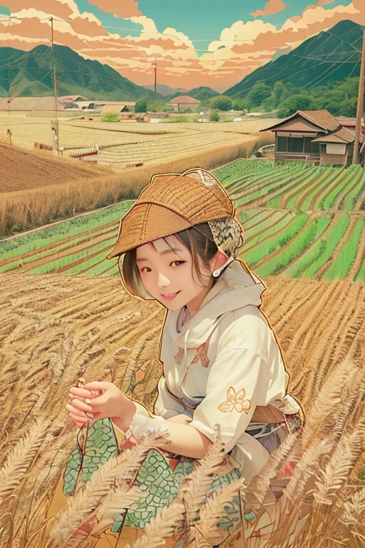 Japanese countryside scenery、A woman is in the rice field、A woman holds a bundle of rice with both hands、smile、Himiko、anatomically correct、Golden fields spread out all over、The ground of the rice field is dry。Fully ripened golden ears of rice、Mountains with autumn leaves in the distance、clear autumn sky、