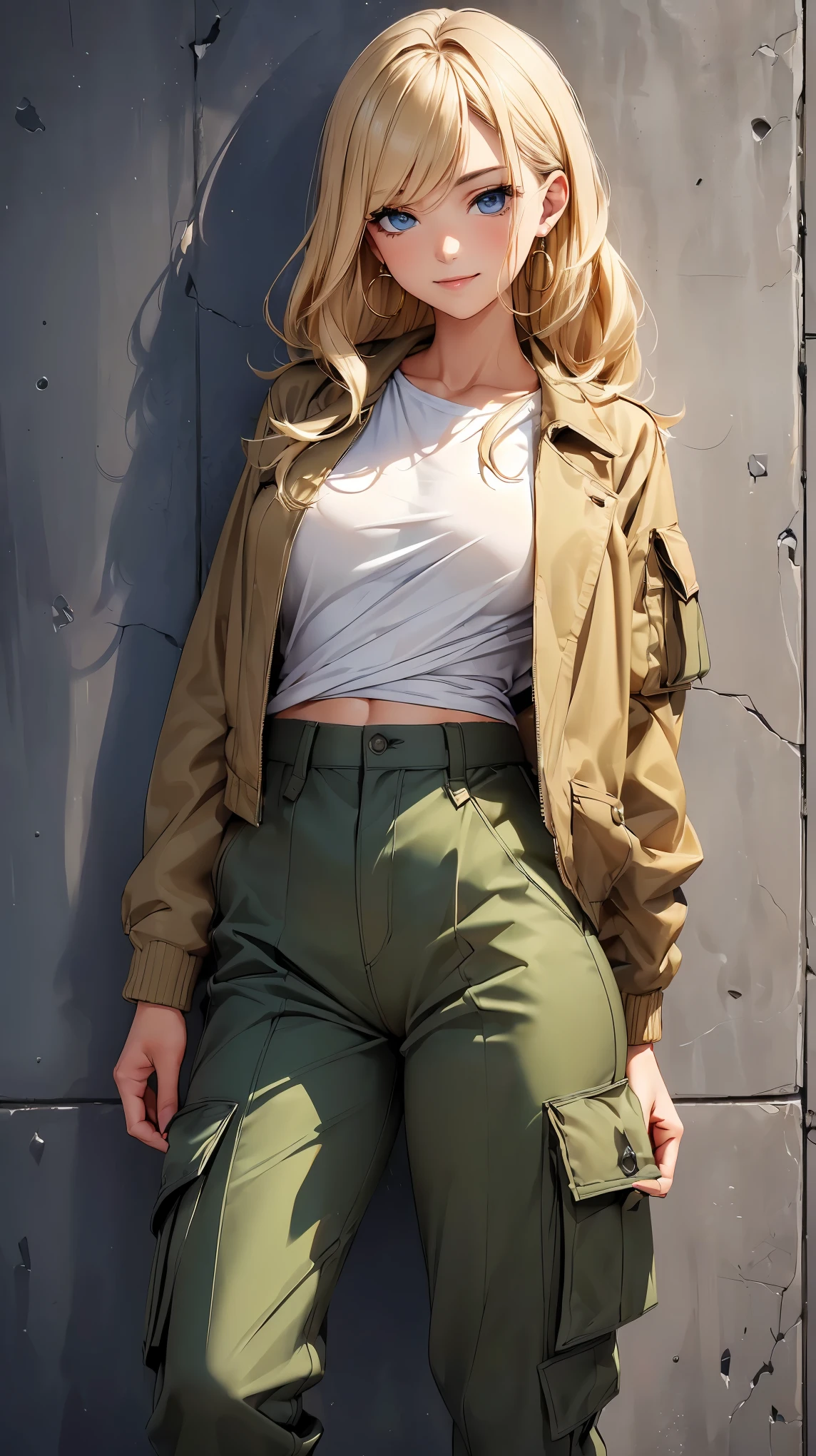 (8k, RAW photo, 最high quality, masterpiece:1.2), High-definition RAW color photo, Professional photo shoot, cinematic light, alone, (((young woman))), (detailed expression), (round eyes), (small face), (high detail skin:1.2), clavicle, cute face, beautiful appearance, long eyelashes, (blonde, wavy hair, Hide one eye with bangs, blue eyes), (red earrings), (slim body shape:1.4, A woman with a slender figure and big breasts), very detailed顔と肌の質感, fine eyes, double eyelid, joy, (((Fun time, smile))), ((facing the front:1.2)), ((photo shootのためポーズをとる)), (In front of the concrete wall:1.5), (((blouson_khaki, oversized cargo pants_black))), ((photo shoot, whole body)), Stand in a pose:1.2, beautiful skin, shiny skin, perfect fingers, five fingers, anatomically correct, background bokeh, high quality, surreal, bright colors, ((Nikon, 135㎜, f/1.8, very detailed, photo shoot)),
