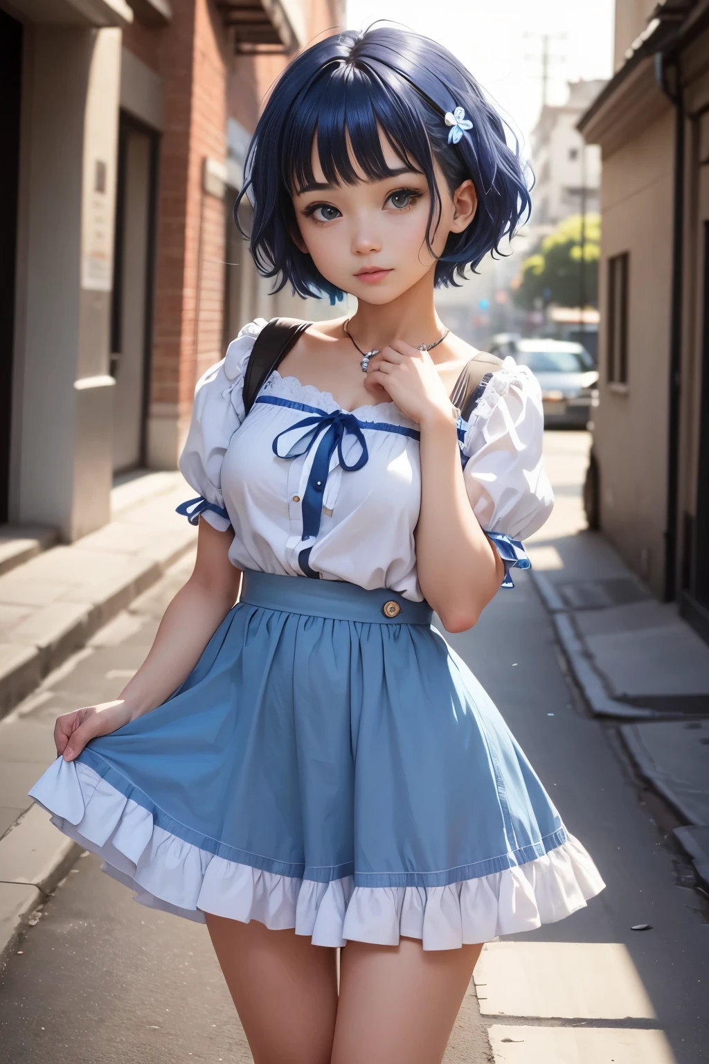 Cute girl, facebook, short blue hair, ((f)), blue and white clothes, storyteller, informant, philanthropist