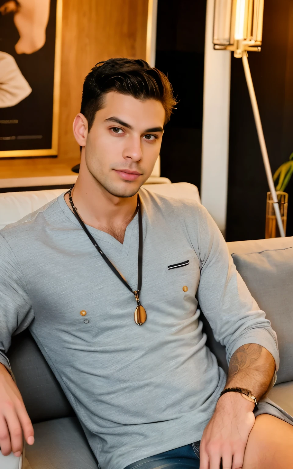 1 homem,23 anos, pose for a photo on a luxurious sofa, Bonito, ajuste a personalidade em um terno, In an office, obra de arte, melhor qualidade, ultra detalhado, (tom quente, fechar-se, Cinematic lighting, side lighting, ultra-high resolution, melhor sombra , .CRU, tronco, luxury lighting background, human skin Arthur Gonçalves white clothing 