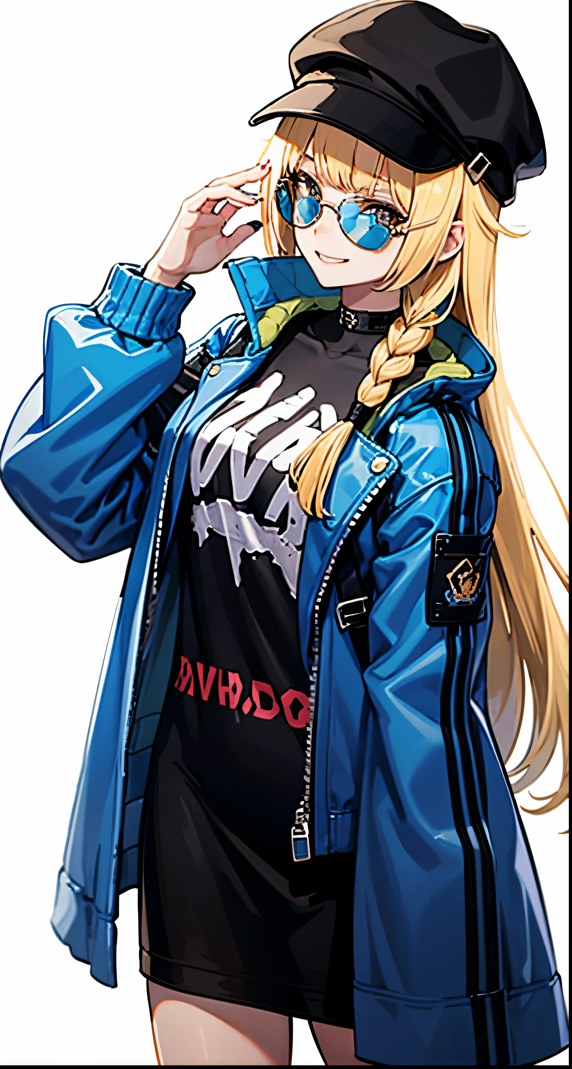 original costume, 1 girl, alone, long hair, have, sunglasses, White background, jacket, Smile, blue jacket, alternative clothing, simple background, have色眼鏡 
