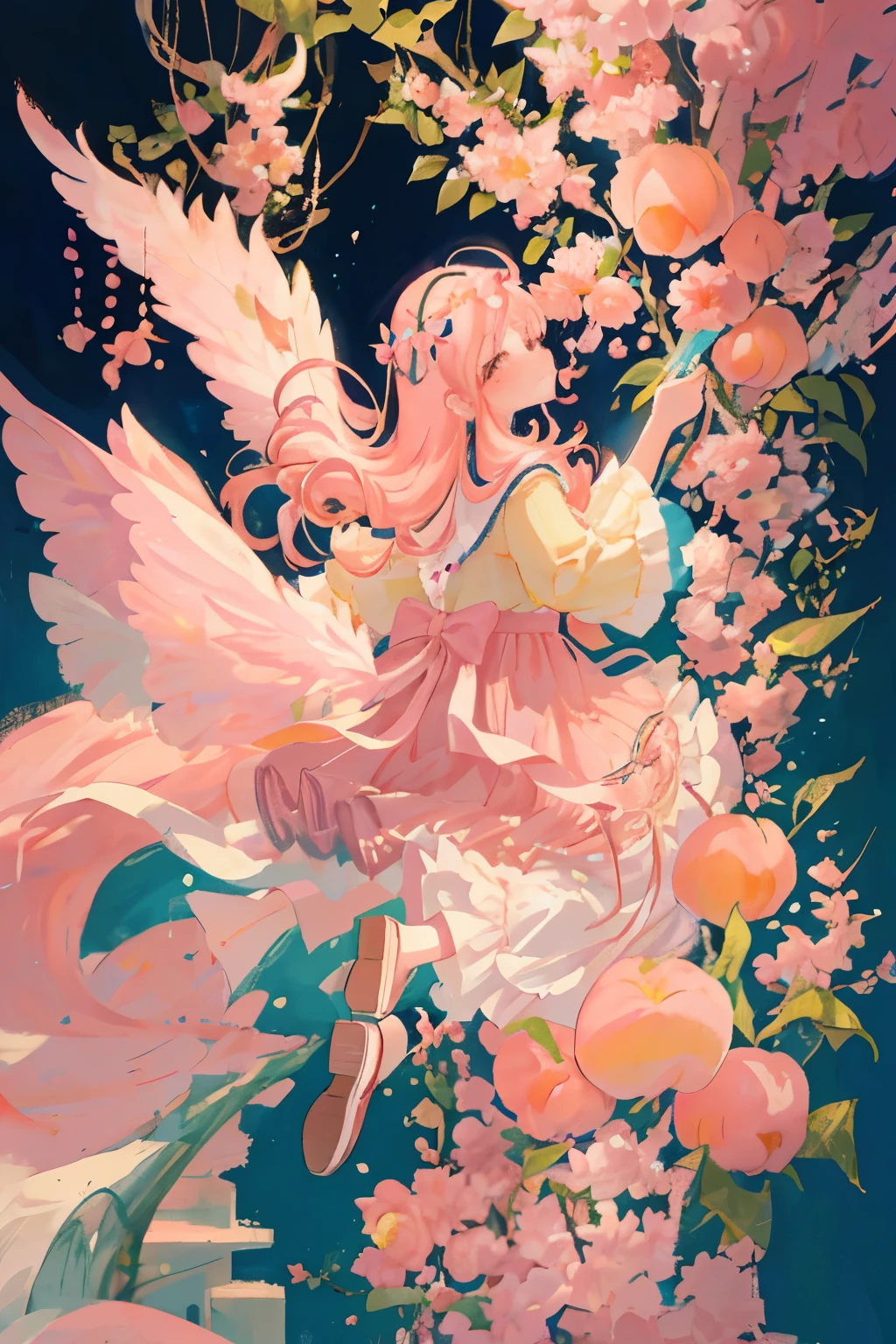In the enchanting scene of a peach garden, a charming girl adorned in pink clothing is depicted. The garden is filled with luscious peach trees, their blossoms bursting with a soft, pink tone. The girl wears a pink blouse and a matching skirt, accessorized with a pink bow tie and glasses. Her long, flowing pink hair cascades down her back, creating a vibrant and captivating image. This scene is reminiscent of manga art style, showcasing a soft and delicate illustration with harmonious colors and meticulous attention to detail. A sense of tranquility and joy engulfs the picture, making it an exquisite and