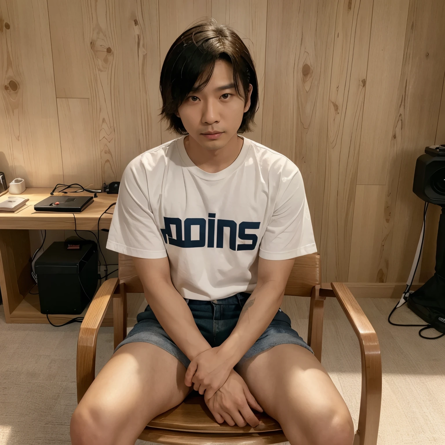 Asian man, 30 years old, short-straight hairstyle, sitting in a single chair while playing guitar, and beside him there is a Korean singer woman who looks like Jihyo Twice sitting in another chair while hold a microphone, they were in a room, bright and aesthetic wooden podcast background, a sign that says 'Anwar Nr Podcast', natural lighting, natural light color skin, hyper detailed, wide angle photoshoot