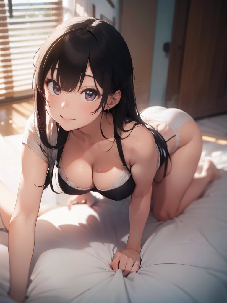 super high quality, ultra high resolution, hyper-detailed, high contrast, ultra fine strike, creative sophistication,black hair,living room,smile,cleavage