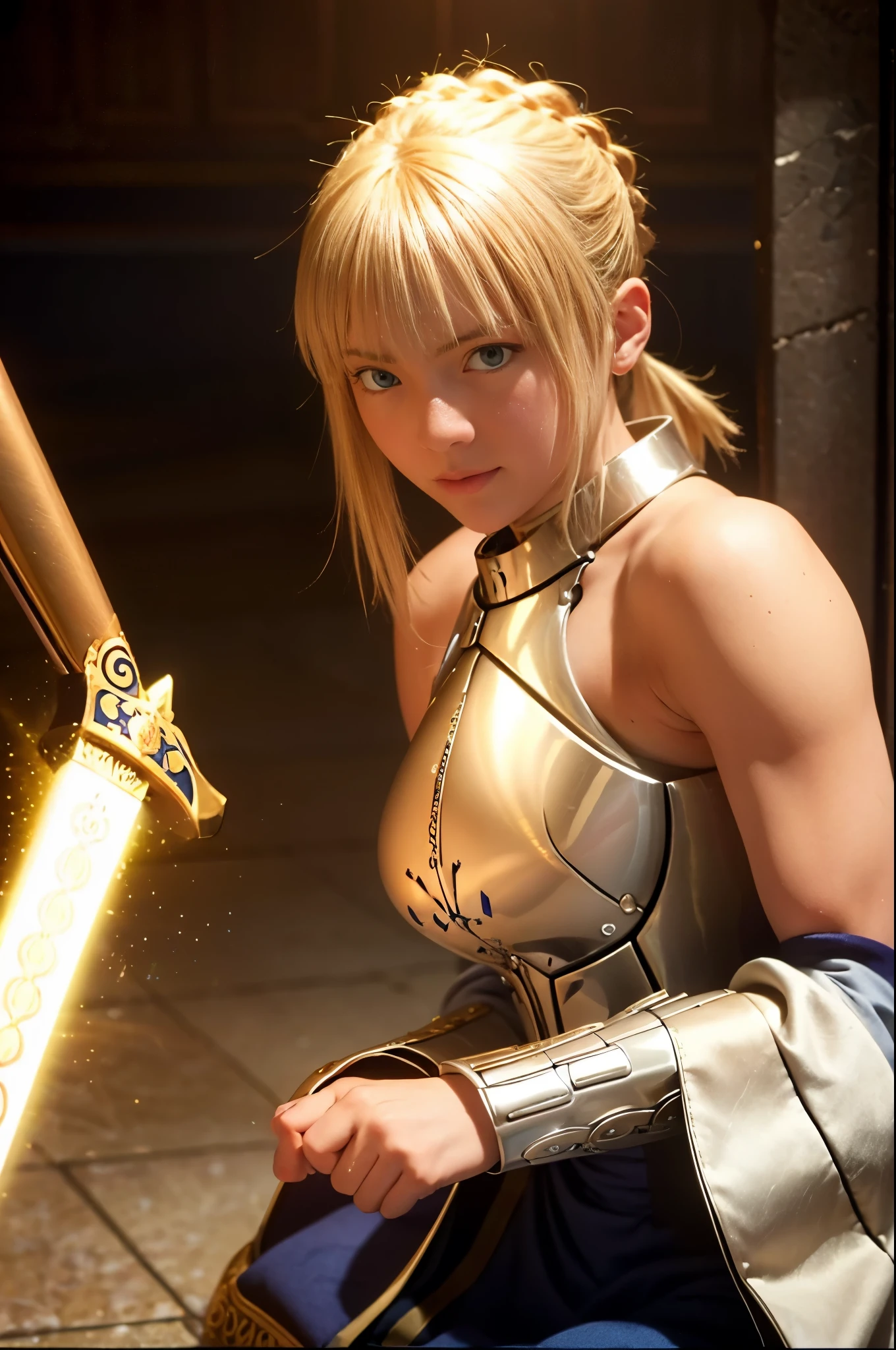  1girl,(((17 years old))),(a blond), (braided single hair bun)), (huge breast:1.5), (smile:0.8), (((armor))), ((beautiful anime eyes with fine detail)), ((indigo blue ribbon)), realistic skin, (intricate details), ((lighting forward)), depth field, ((ultra high resolution, high res)), {highres}, {{very fine 8KCG wallpapers}}, {{very precise detailed}}, ((((masterpiece)))),background old castle, ((grasp a excalibur)), ((golden sword))