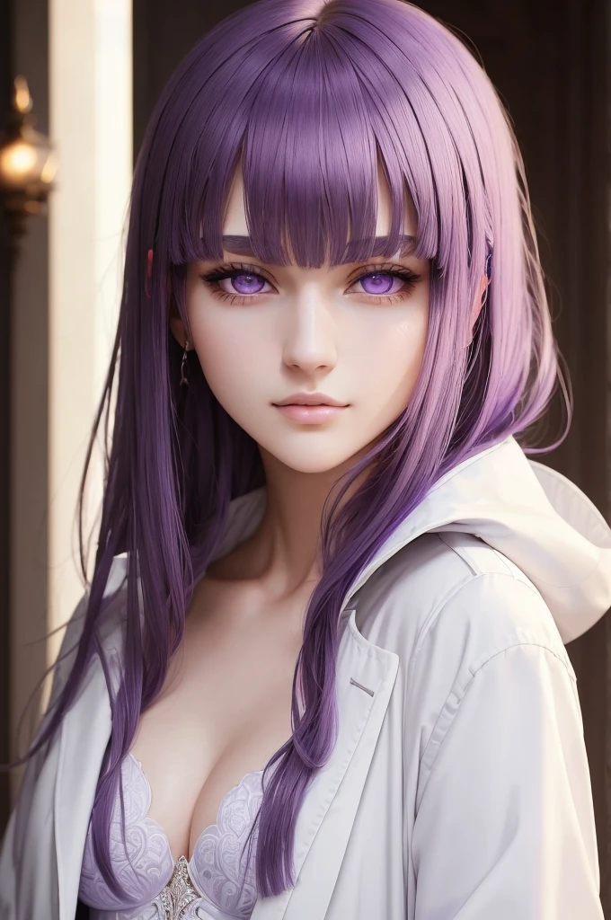 (best quality,masterpiece:1.2), intricate details, thin, beautiful girl, purple hair, blunt bangs, light purple eyes, sharp jawline, white coat, long hair, lips, upper body, close up, smirk