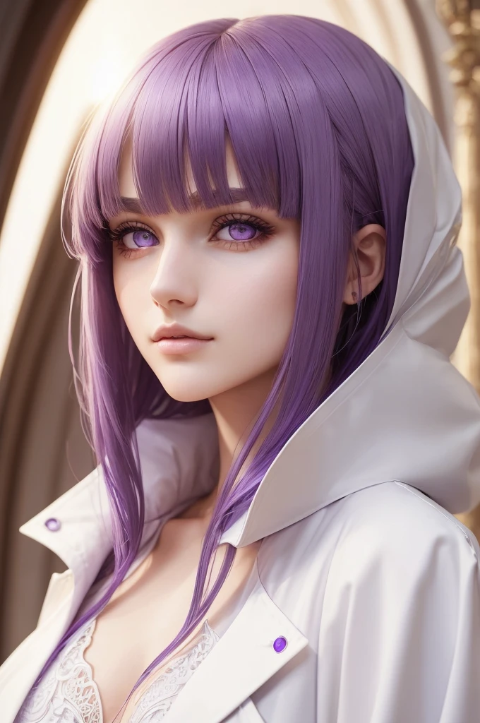 (best quality,masterpiece:1.2), intricate details, thin, beautiful girl, purple hair, blunt bangs, light purple eyes, sharp jawline, white coat, long hair, lips, upper body, close up, smirk