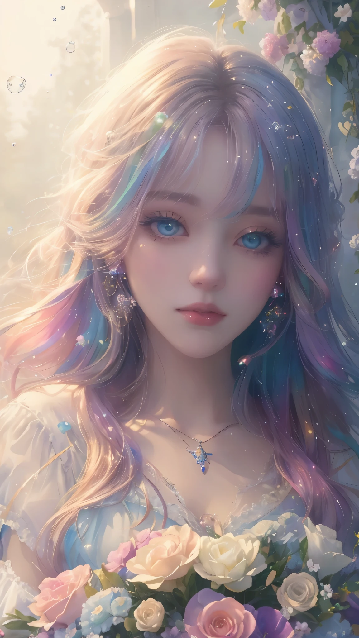 (high quality, 8k), (soft light), Rainbow-colored, one girl, detailed face, fine eyes, watercolor paiting, so magical and dreamy, dreamy and detailed, dreamy atmosphereとドラマ, gorgeous atmosphere, fantastic beautiful lighting, dreamy atmosphere, beautiful atmosphere, dreamy romantic, fantastic dreamy theme, magical atmosphere, beautiful atmosphere, anime background art, magical atmosphere + table top, dreamy aesthetics, Beautiful details with atmosphere, lots of flowers, bubble, water, flower garden